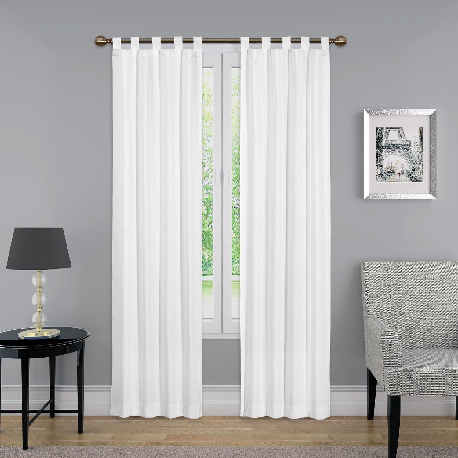 White Cotton Polyester Tab Top Light-Filtering Curtains, 30" x 84"