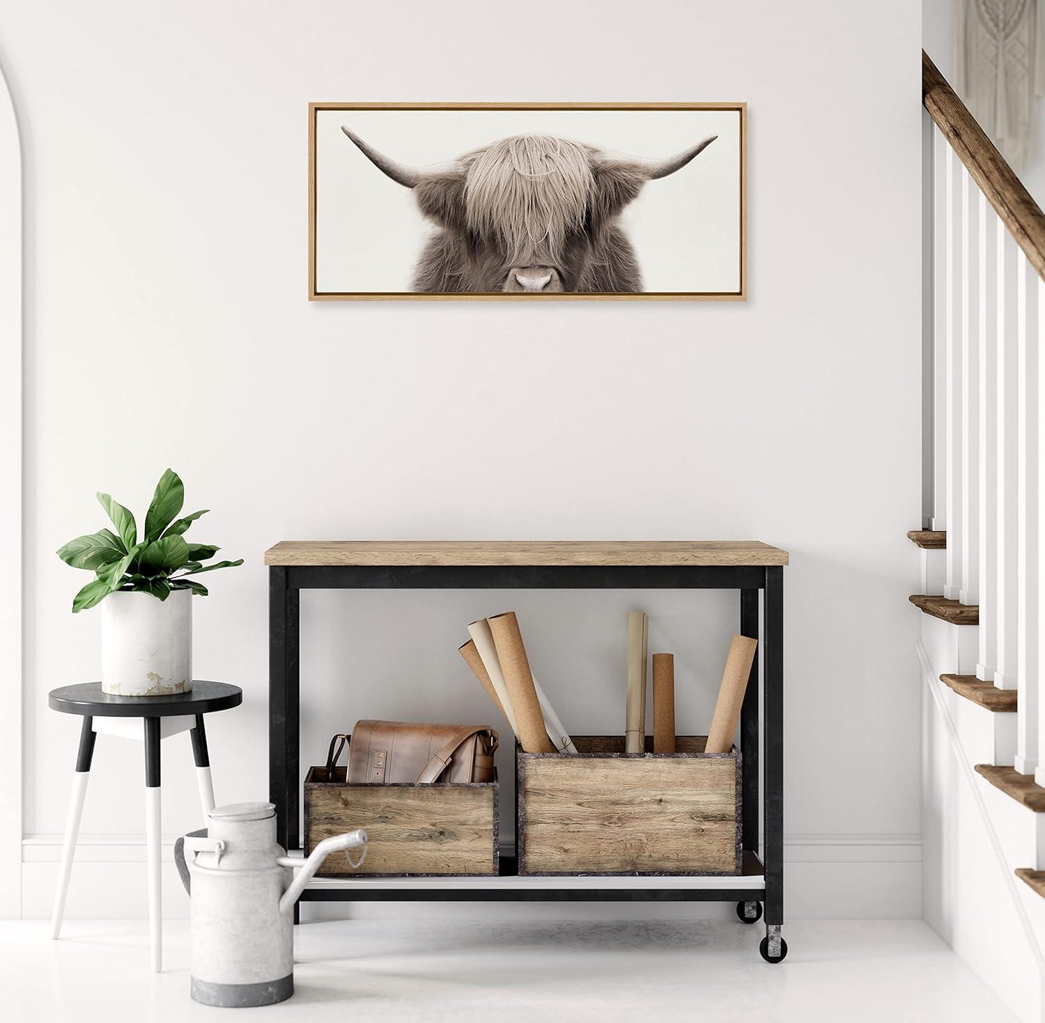 Kate and Laurel Sylvie Hey Dude Highland Cow Color Framed Canvas by The Creative Bunch Studio, 18x40, Natural