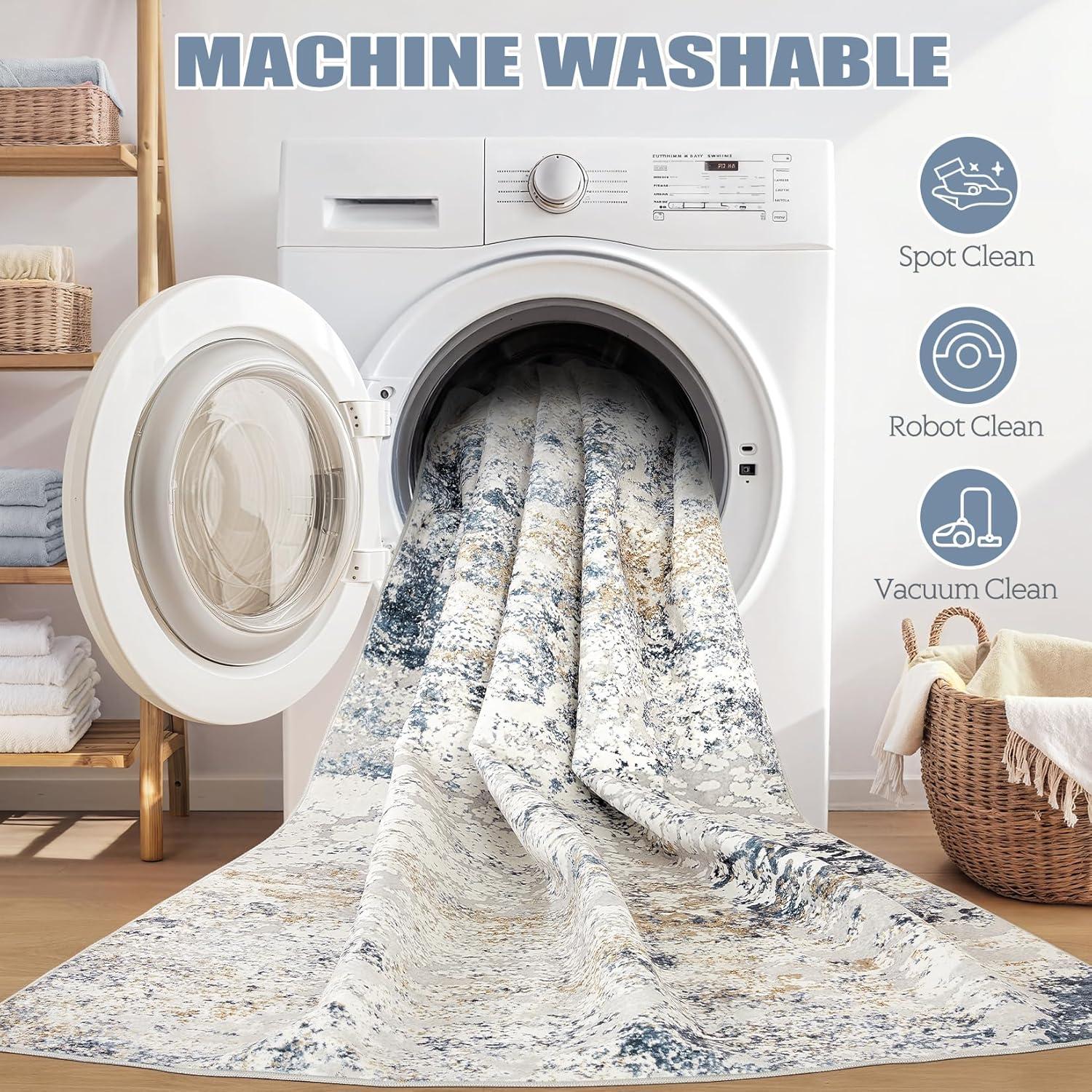 Area Rug Living Room Rugs - 5x7 Abstract Large Soft Indoor Washable Rug Neutral Modern Low Pile Carpet for Bedroom Dining Room Farmhouse Home Office - Beige Blue