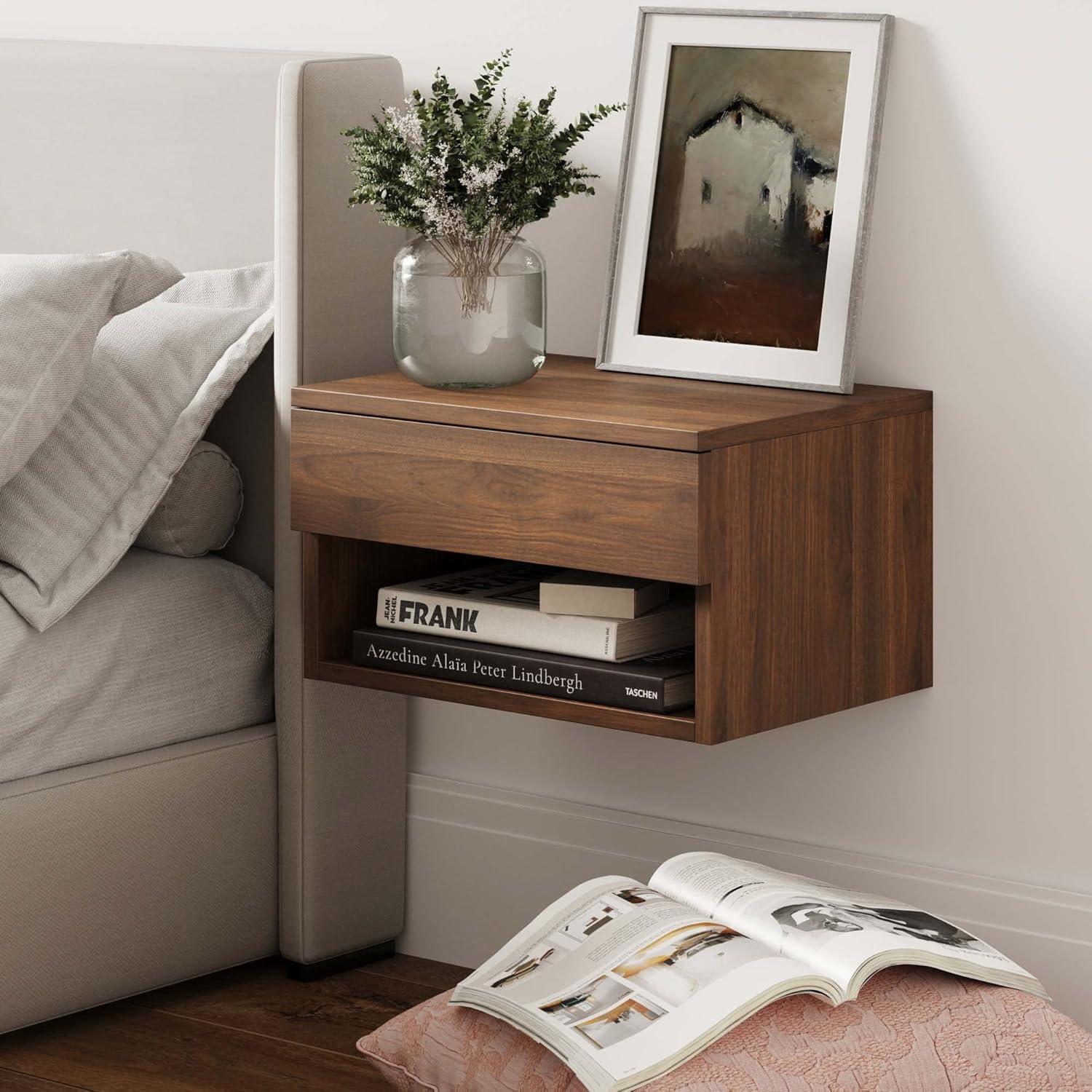 Walnut Floating Nightstand with Drawer and Open Shelf