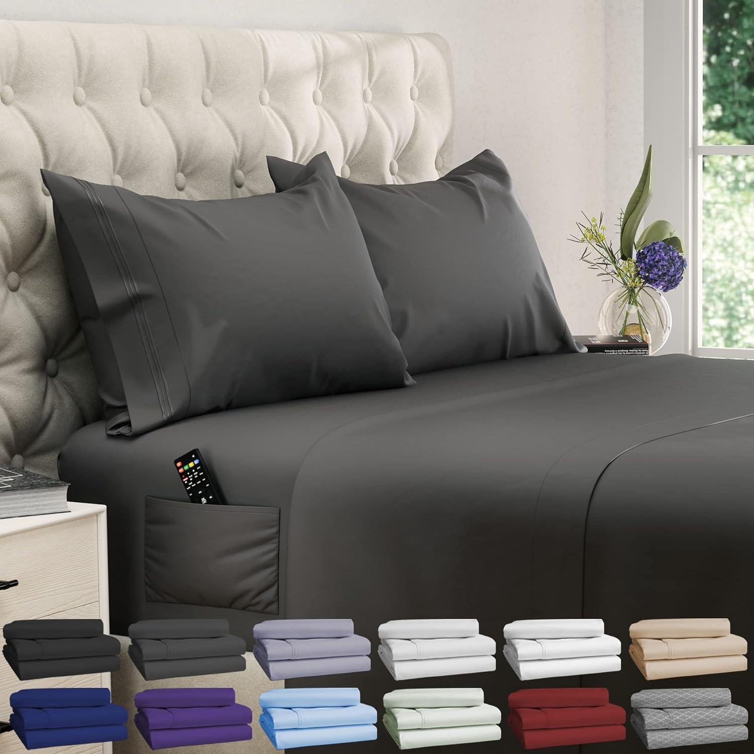 DREAMCARE - Bed Sheets Set - Queen Size Sheet with Side Pocket - 4pcs Set, 15 inches, Dark Gray