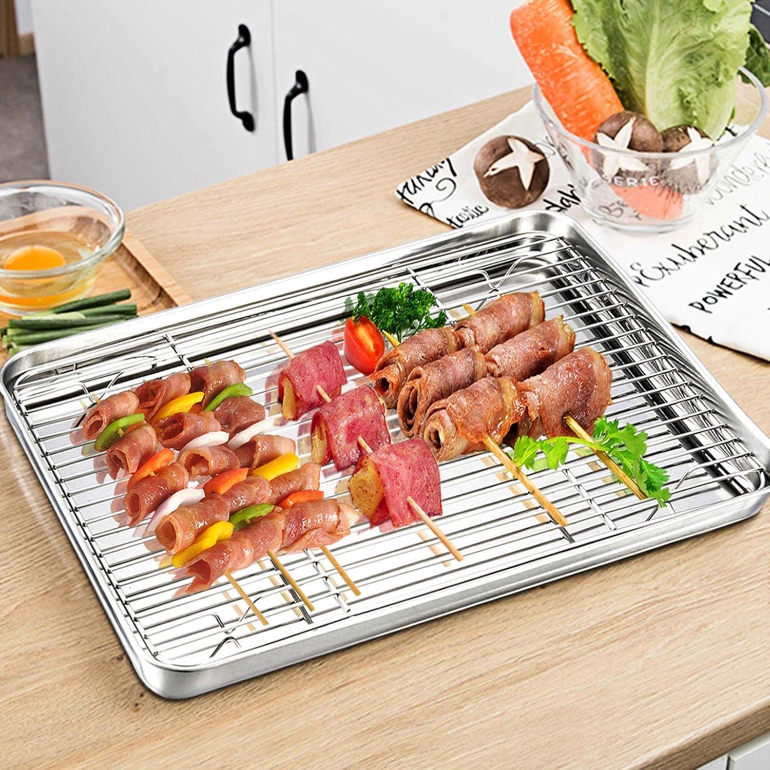 Baking Sheet with Rack Set, E-far Stainless Steel Baking Pans Tray Cookie Sheet with Cooling Rack, 16 x 12 x 1 inch, Non Toxic & Healthy, Rust Free & Dishwasher Safe - 4 Pieces (2 Sheets 2 Racks)