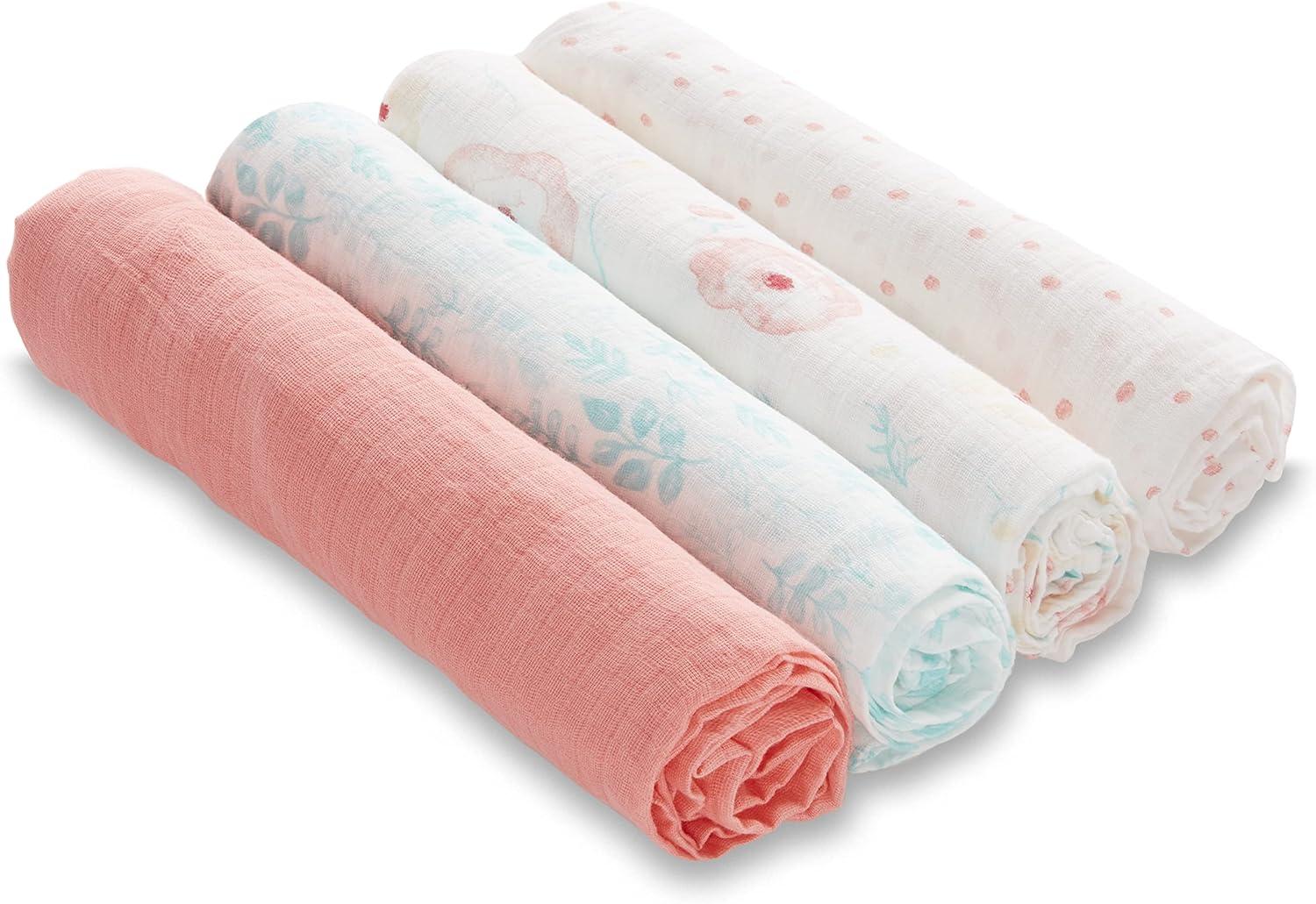 aden + anais essentials, 100% Muslin Cotton Swaddle Blanket, Unisex, 4 Pack, Full Bloom