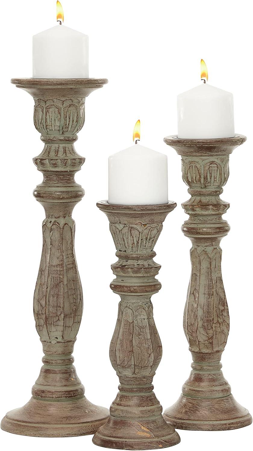 DecMode 3 Candle Brown Mango Wood Candle Holder, Set of 3