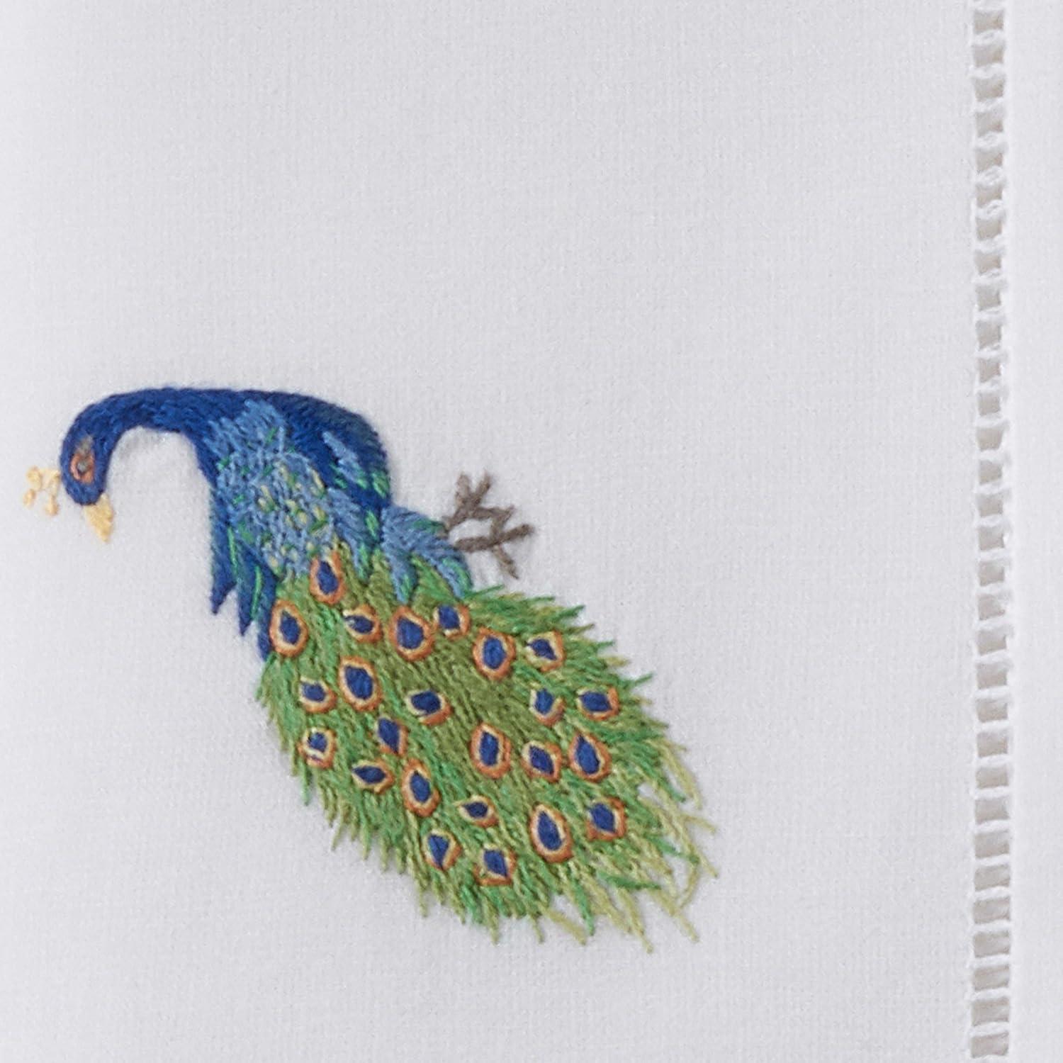 White Cotton Hemstitch Peacock Embroidered Table Napkins Set