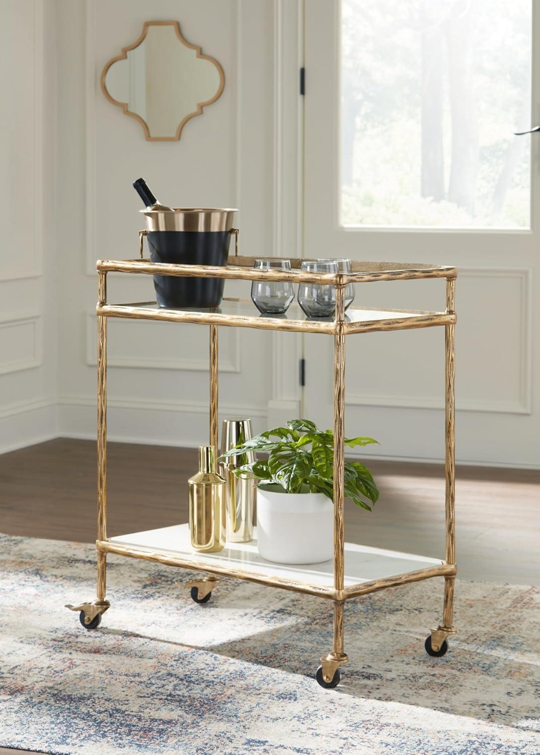 Signature Design by Ashley Kailman Bar Cart Gold Finish: Modern Mirrored Glass Beverage & Cocktail Cart with Locking Casters