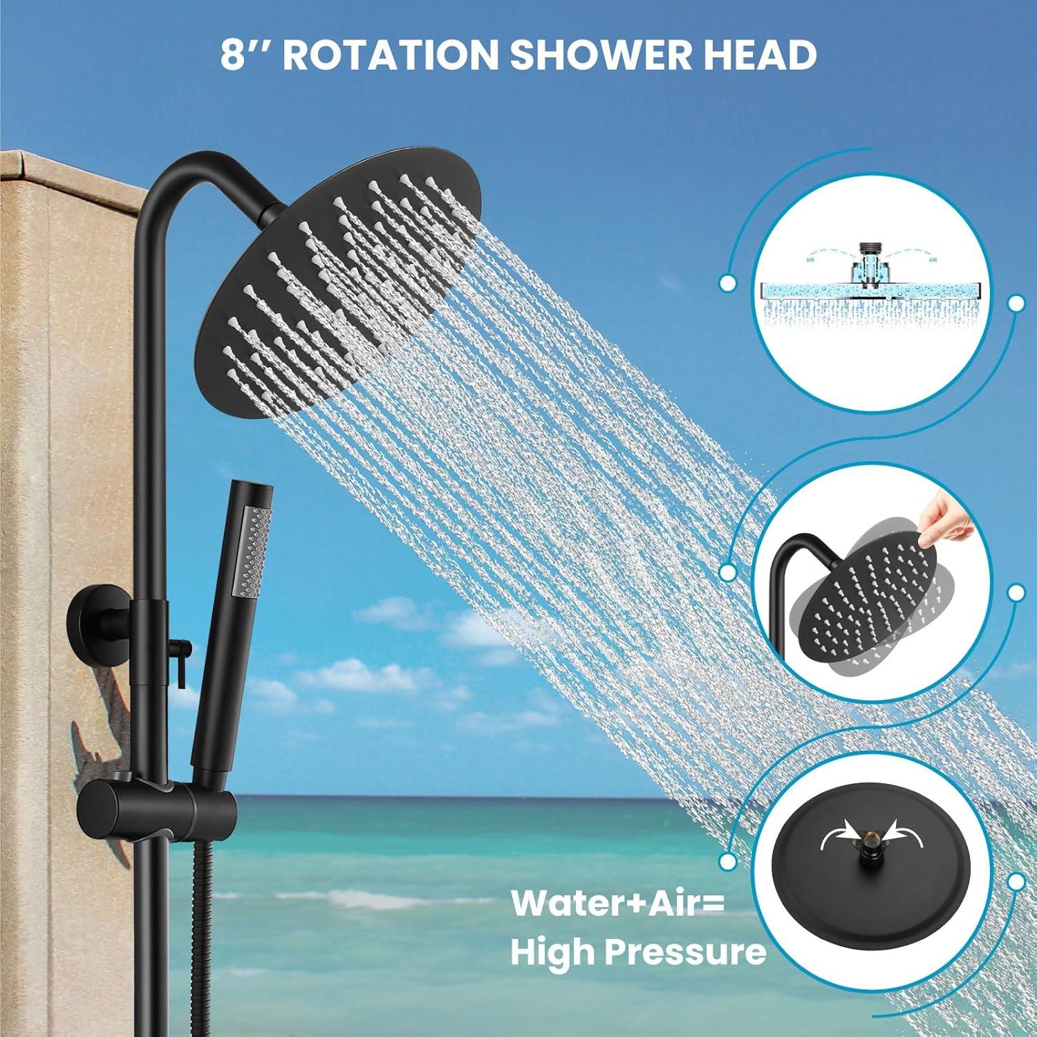 gotonovo SUS304 Outdoor Shower Fixture High Pressure Shower System Wall Mount 2 Dual Function Single Handle Shower Kit with 8 Inch Shower Head and Handheld Spray Shower Faucet Combo, Matte Black