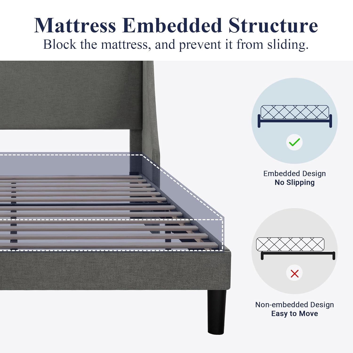 Allewie Base de Cama con Plataforma Tapizada en Tela de Tamaño Full con Cabecera con Respaldo Lateral, Gris Oscuro