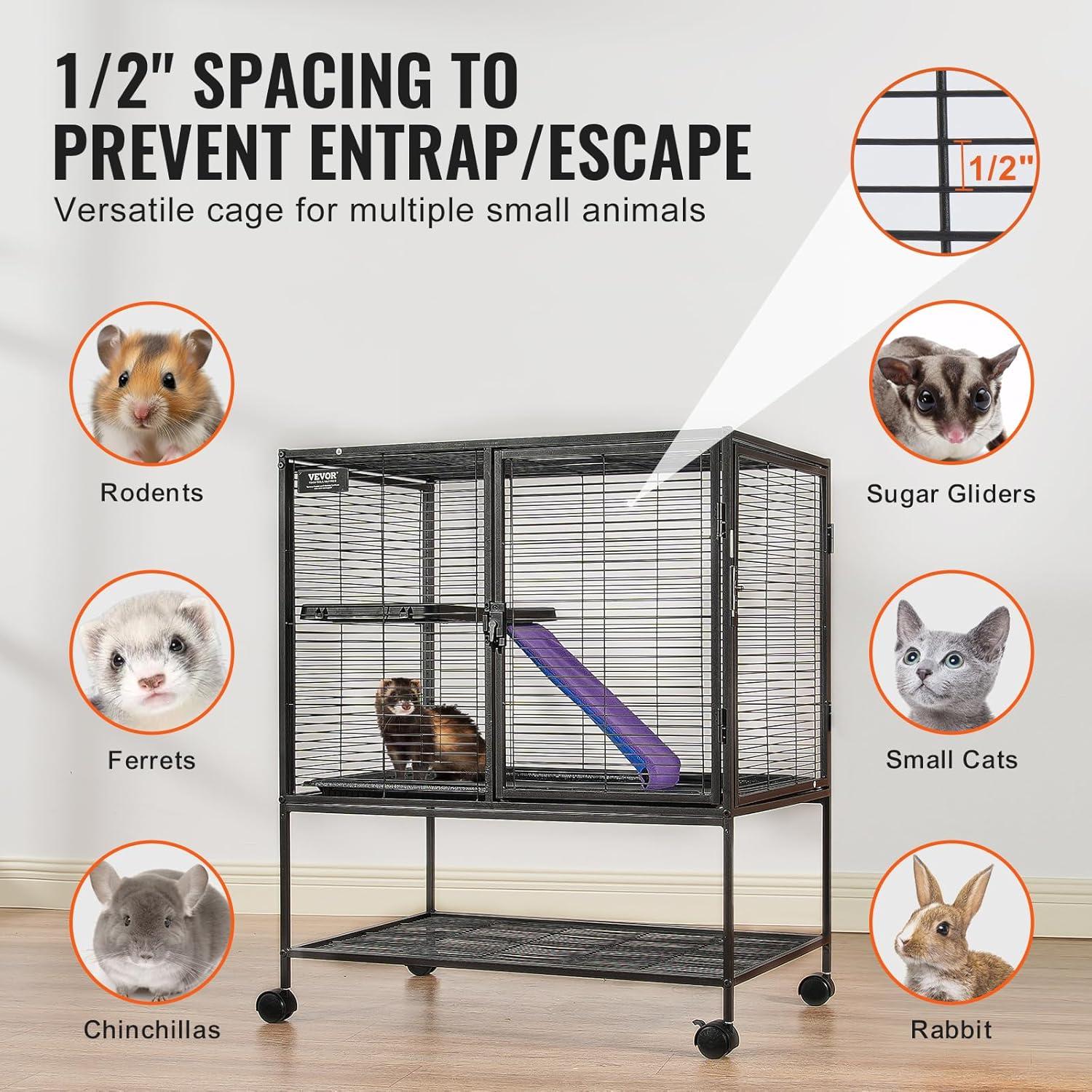 VEVOR 36-Inch 2-Tier Metal Small Animal Cage with Tray and Ramp - Rolling Ferret Cage