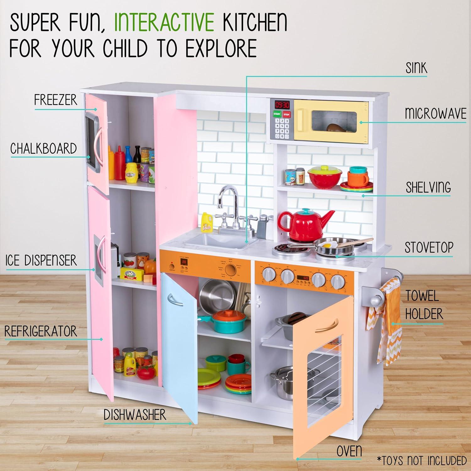 Lil' Jumbl Kids Kitchen Set, Wooden Pretend Play Kitchen with Sounds & Accessories - Colorful