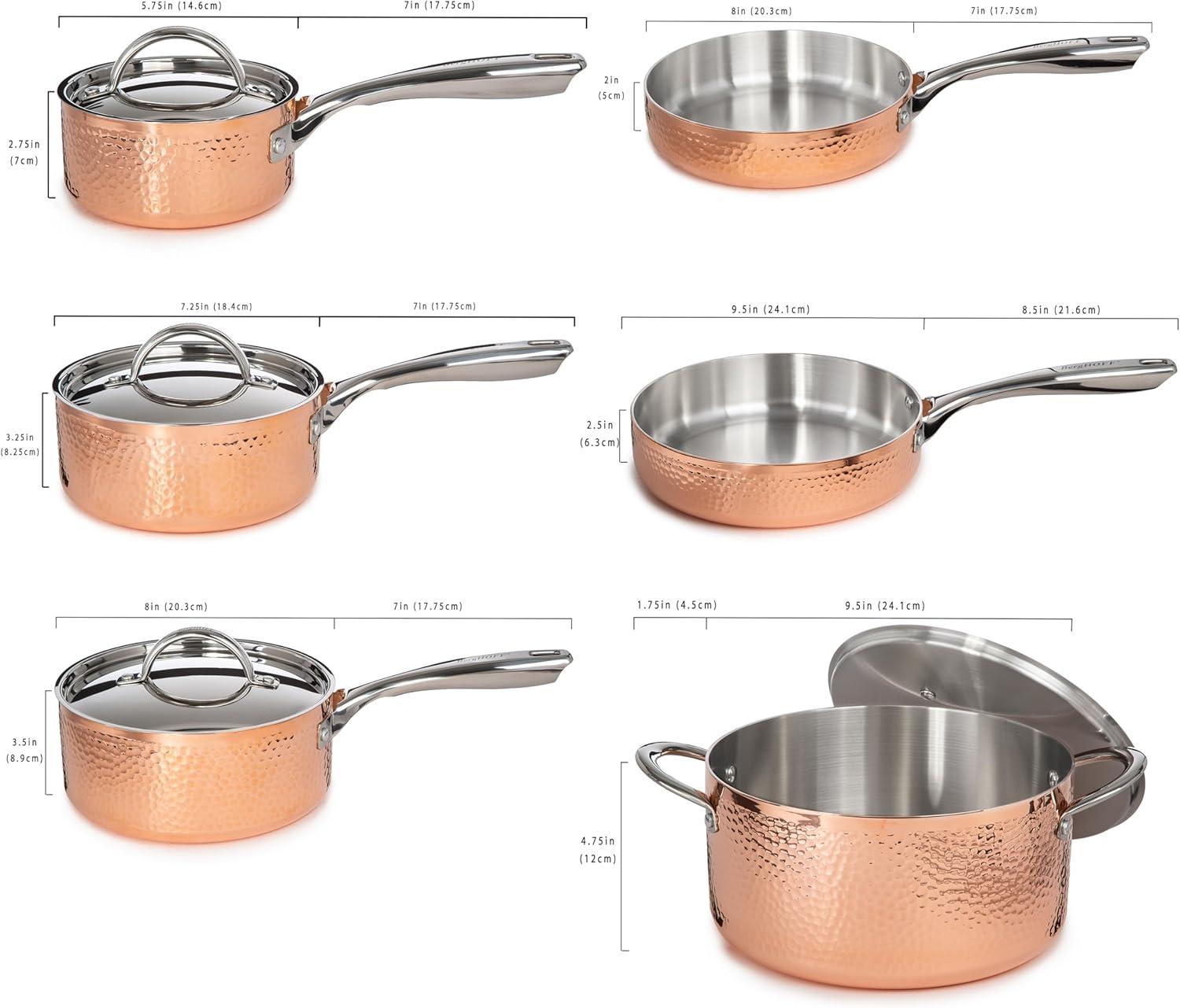 Vintage Hammered Copper and Stainless Steel 10-Piece Cookware Set