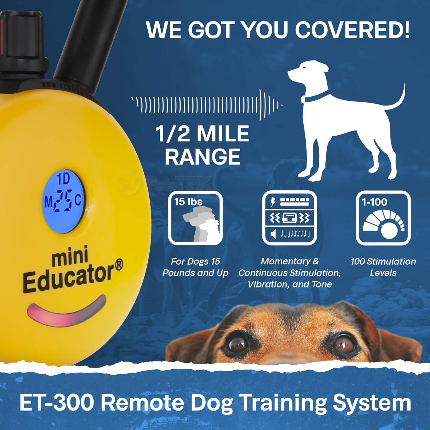 E-Collar ET-300 Mini Educator Dog Training Collar Bundle + PetsTEK Dog Clicker – 1/2 Mile Range, Waterproof, 100 Levels with Vibration & Tone