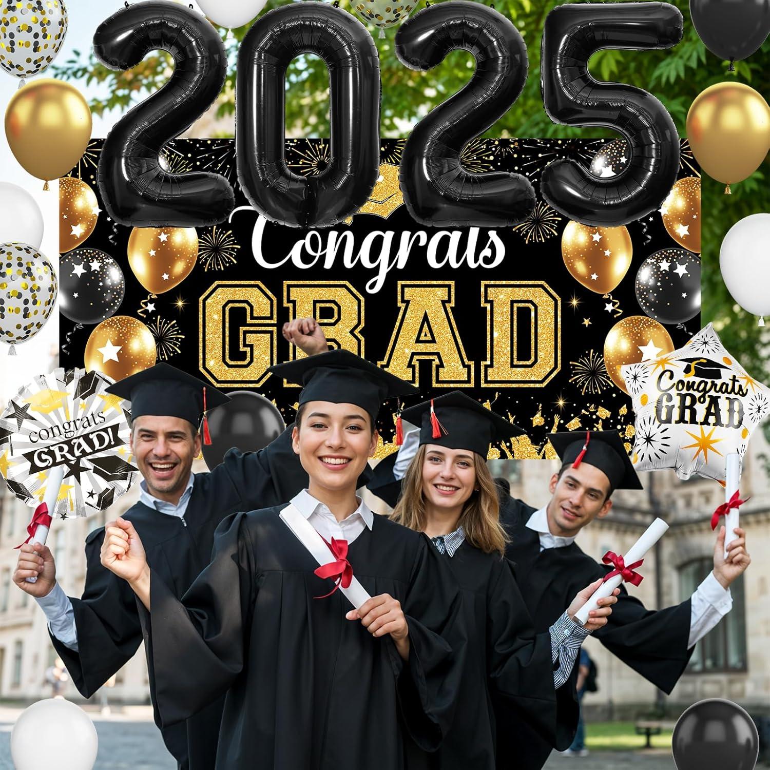 Graduation Decorations 2025, Graduation Decorations Class of 2025, Red Themed 2025 Graduations Party Decorations Include Banner, Backdrop, Balloons Kit, Foil Number 2025 for Grad Party Supplies