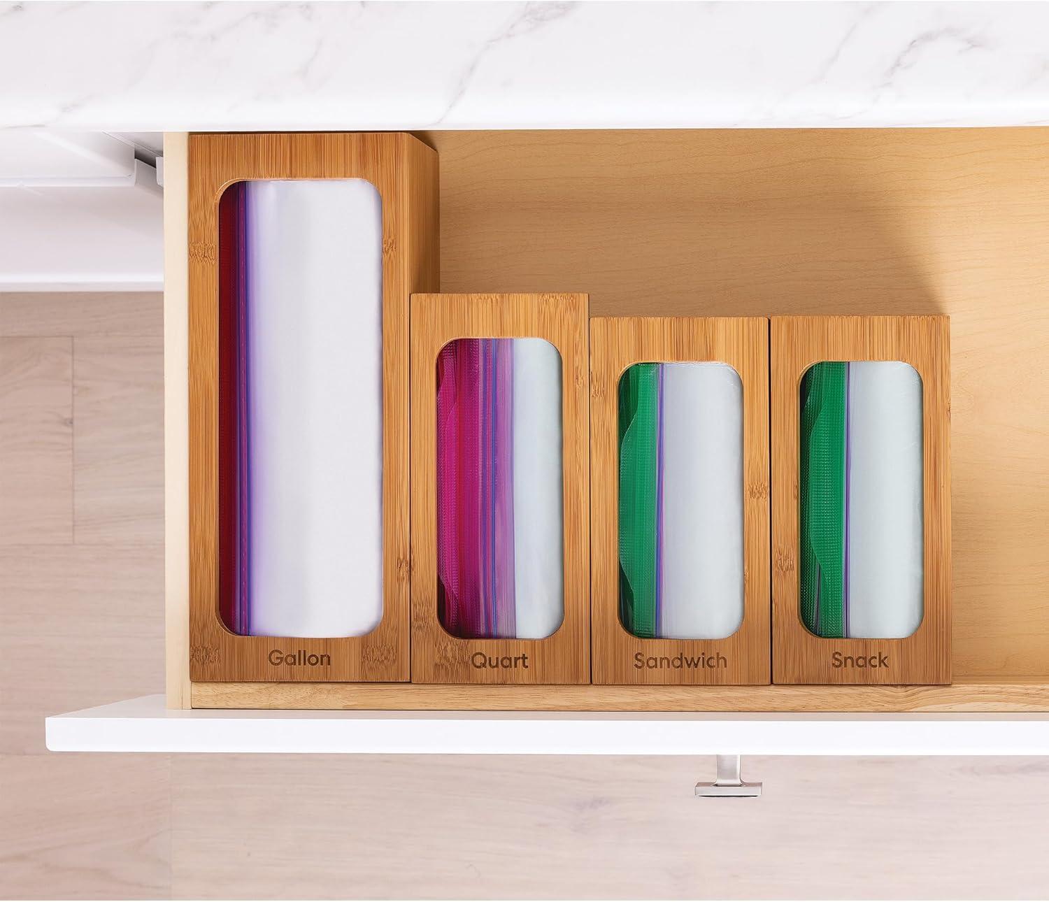 Seville Classics Bamboo Ziplock Food Storage Bag Dispenser (Set of 4)