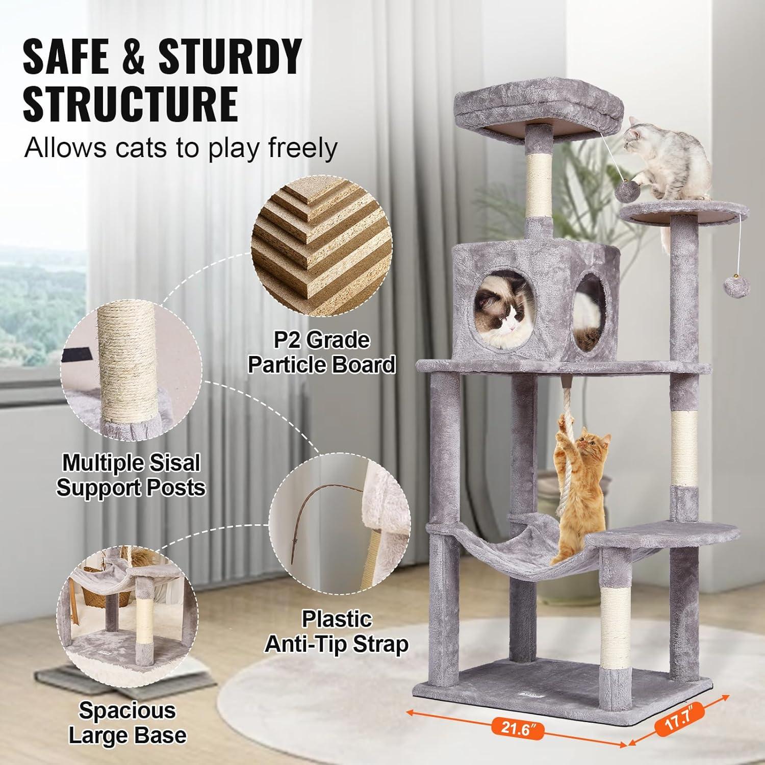 Light Grey 56.2" Cat Tree Tower with Hammock and Condo