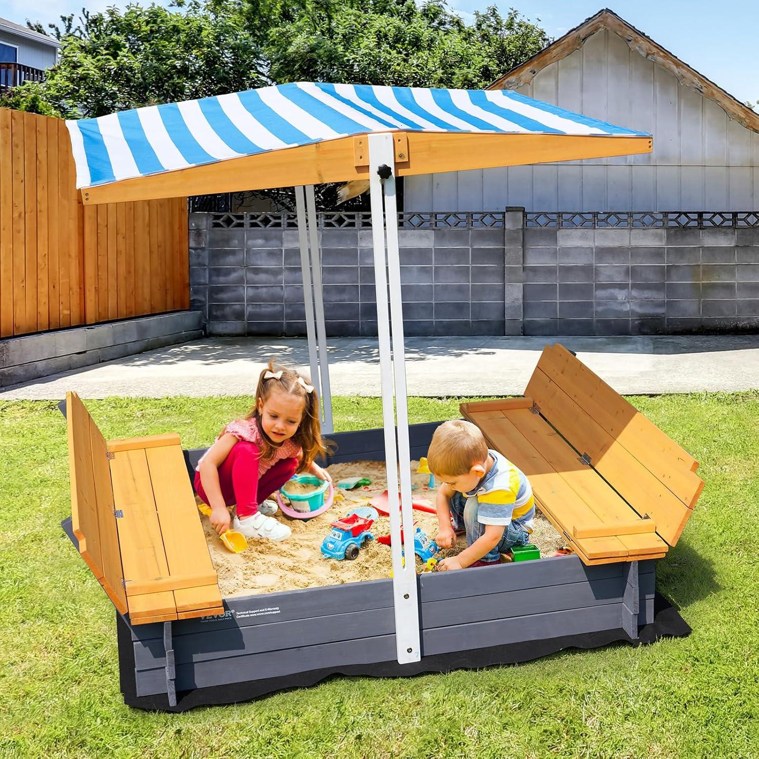 VEVOR Wooden Sandbox with Canopy, Sandpit with Foldable Bench Seats and Bottom Liner, Height Adjustable Roof, Gift for Ages 3-12 Years Old Backyard Garden Easy Assembly (57.3 x 47.2 x 47.2in)