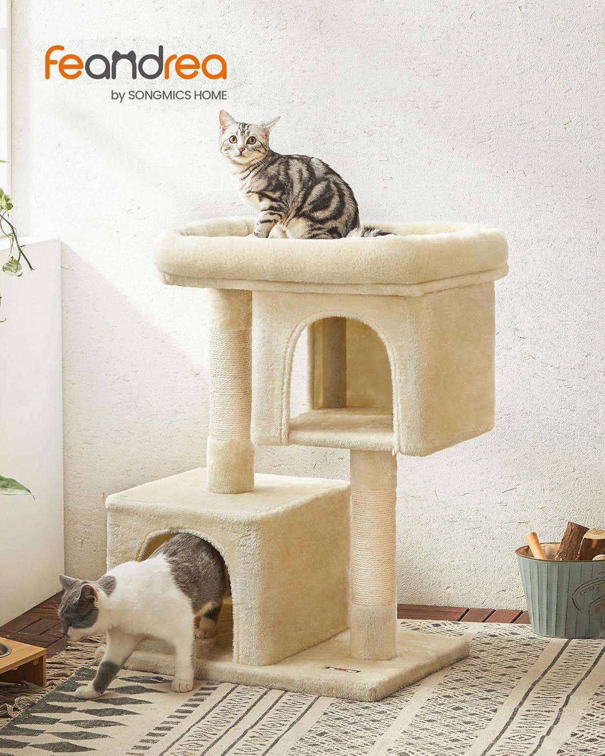 Feandrea Cat Tree 33.1-Inch Cat Tower for Large Cats up to 16 lb, Large Perch, 2 Cat Caves, Scratching Post, Beige