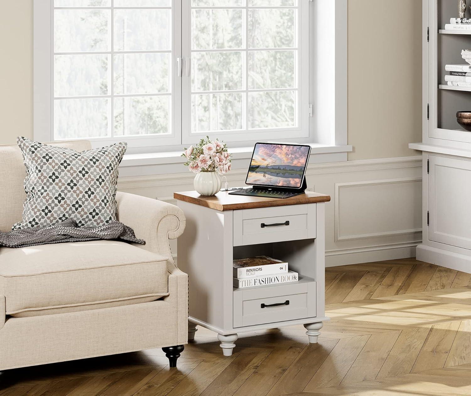 Antique White and Oak 2-Drawer Nightstand with Charging Station