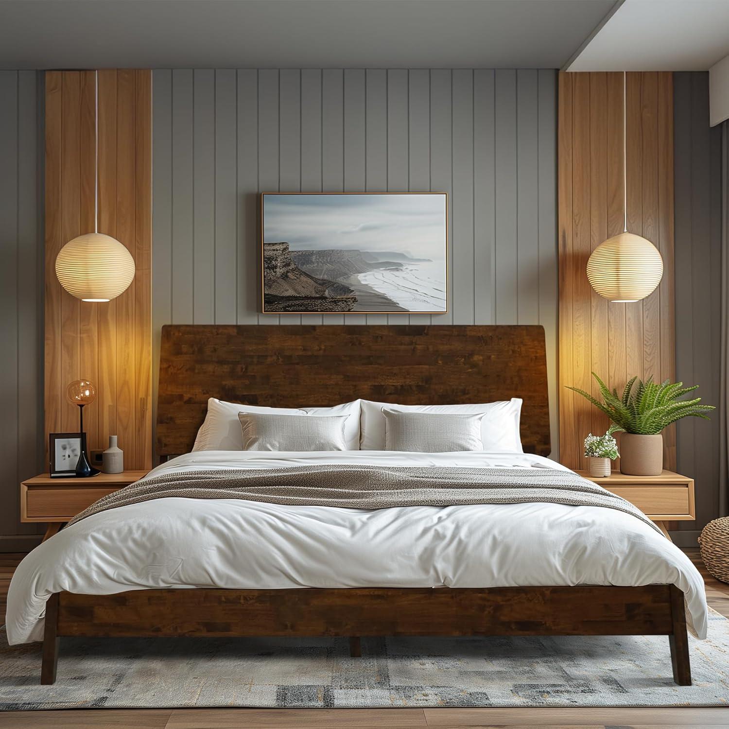 Serenity Premium Solid Wood Bed Frame with Headboard, Scandinavian Signature High Headboard Wood Bed, 800 lb Capacity, No Box Spring Needed, Fits All Mattresses, 5-Year Warranty