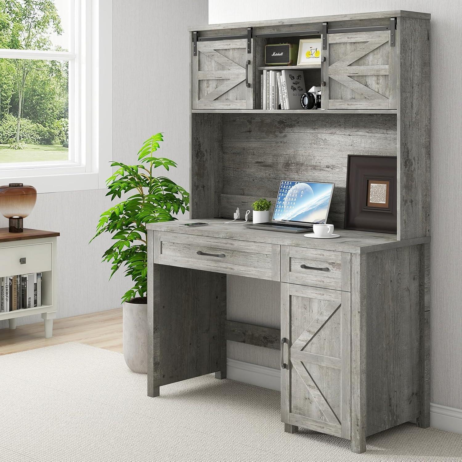 Gray Wood Executive Desk with Hutch, Drawers, and USB Ports