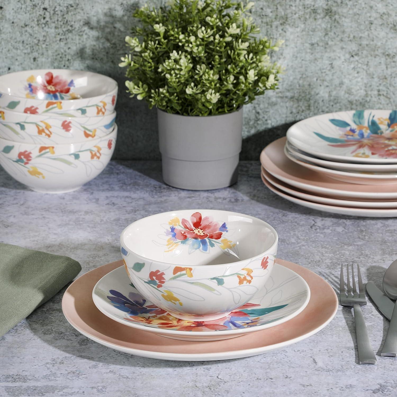 Pink Floral Porcelain 12-Piece Dinnerware Set, Service for 4