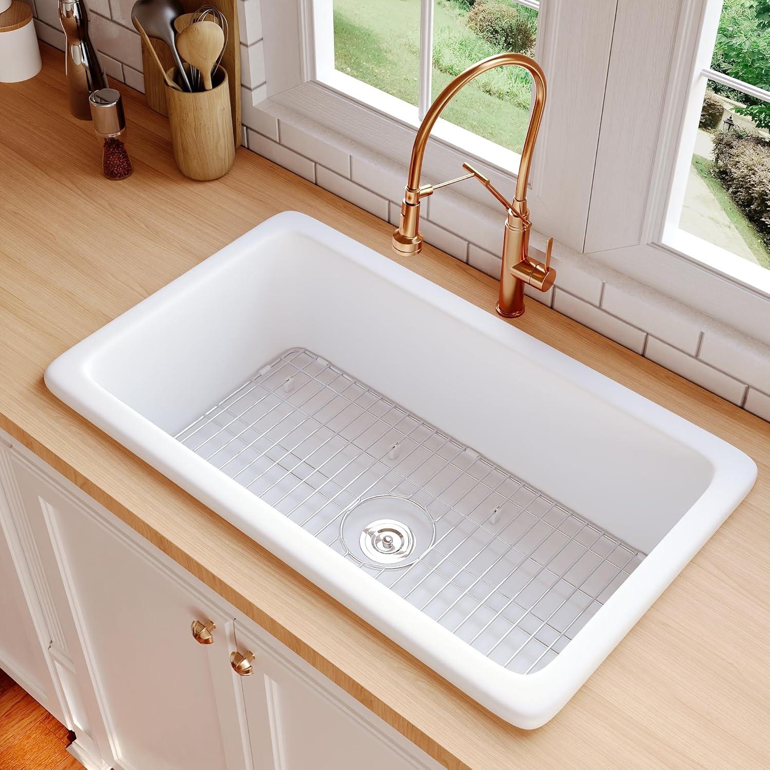 Rectangular Fireclay 32" L x 19" W Fireclay Undermount Kitchen Sink with Basket Strainer and Sink Grid