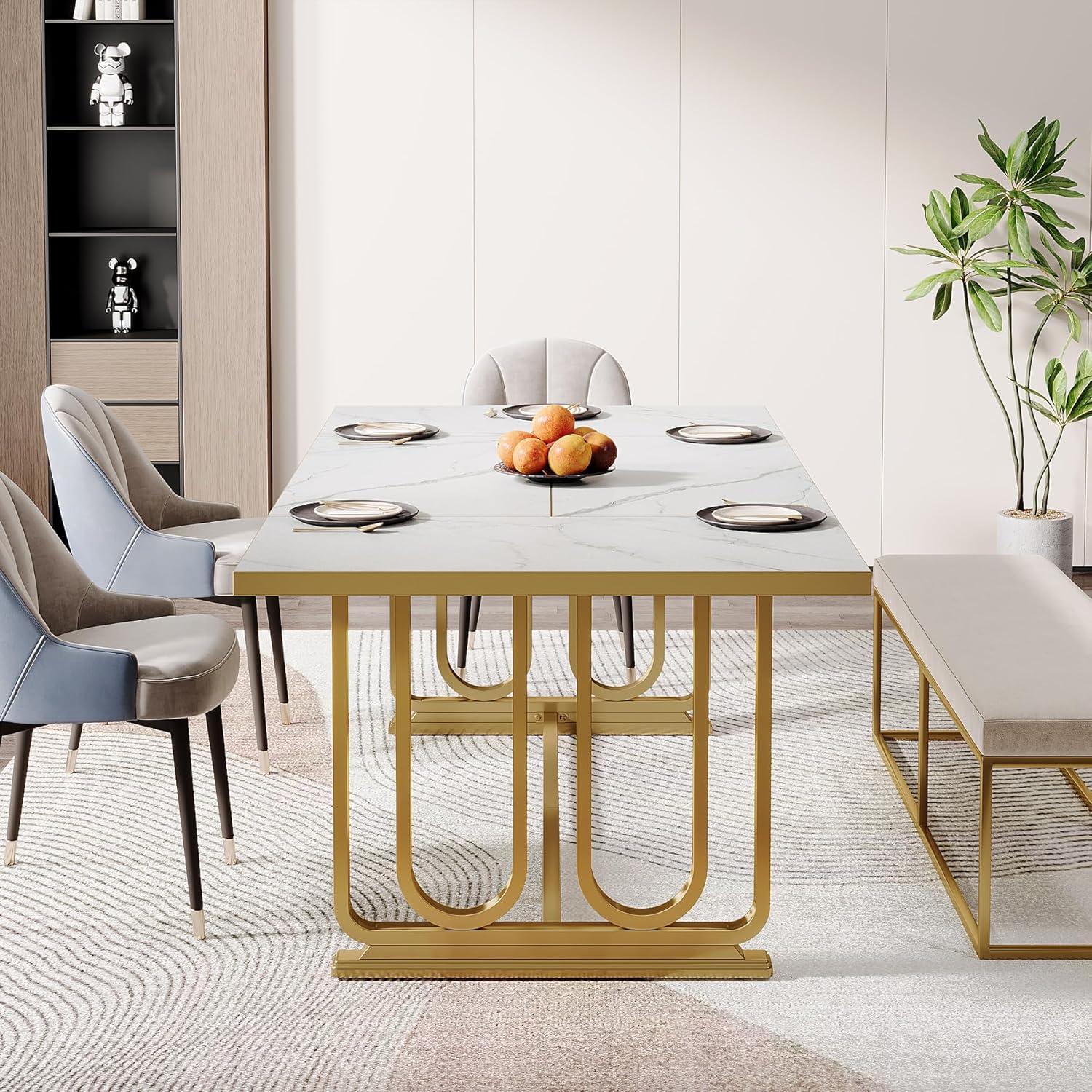 Tribesigns Dining Table for 6-8, 70.87" Rectangle Kitchen Table with Faux Marble Tabletop and Metal Legs for Dining Room