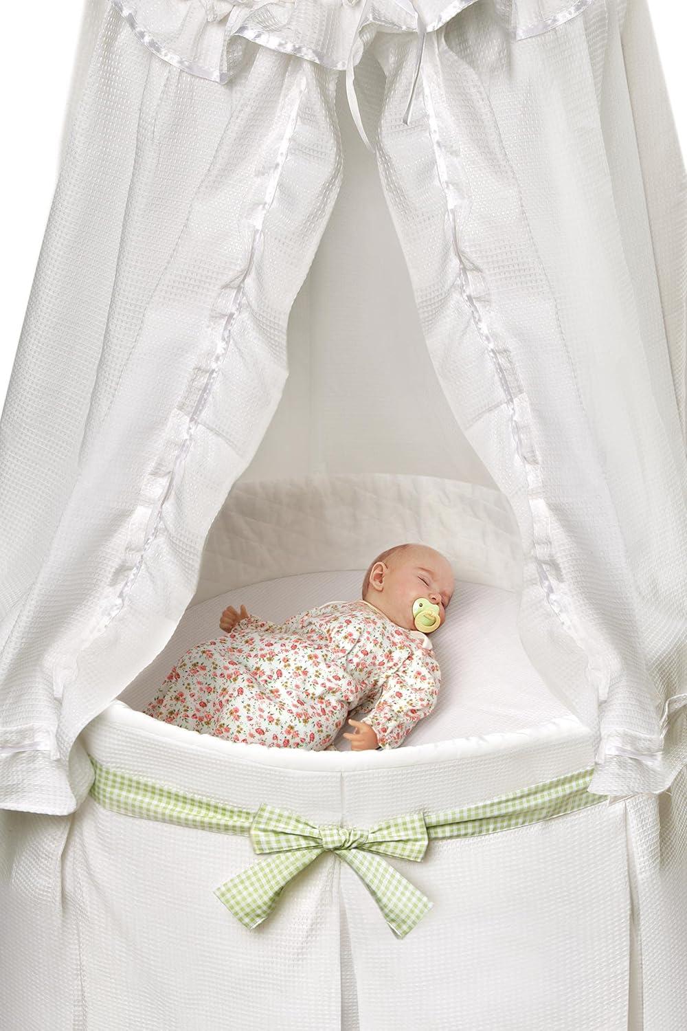 Badger Basket Empress Round Baby Bassinet with Canopy - White Bedding with Gingham Belts