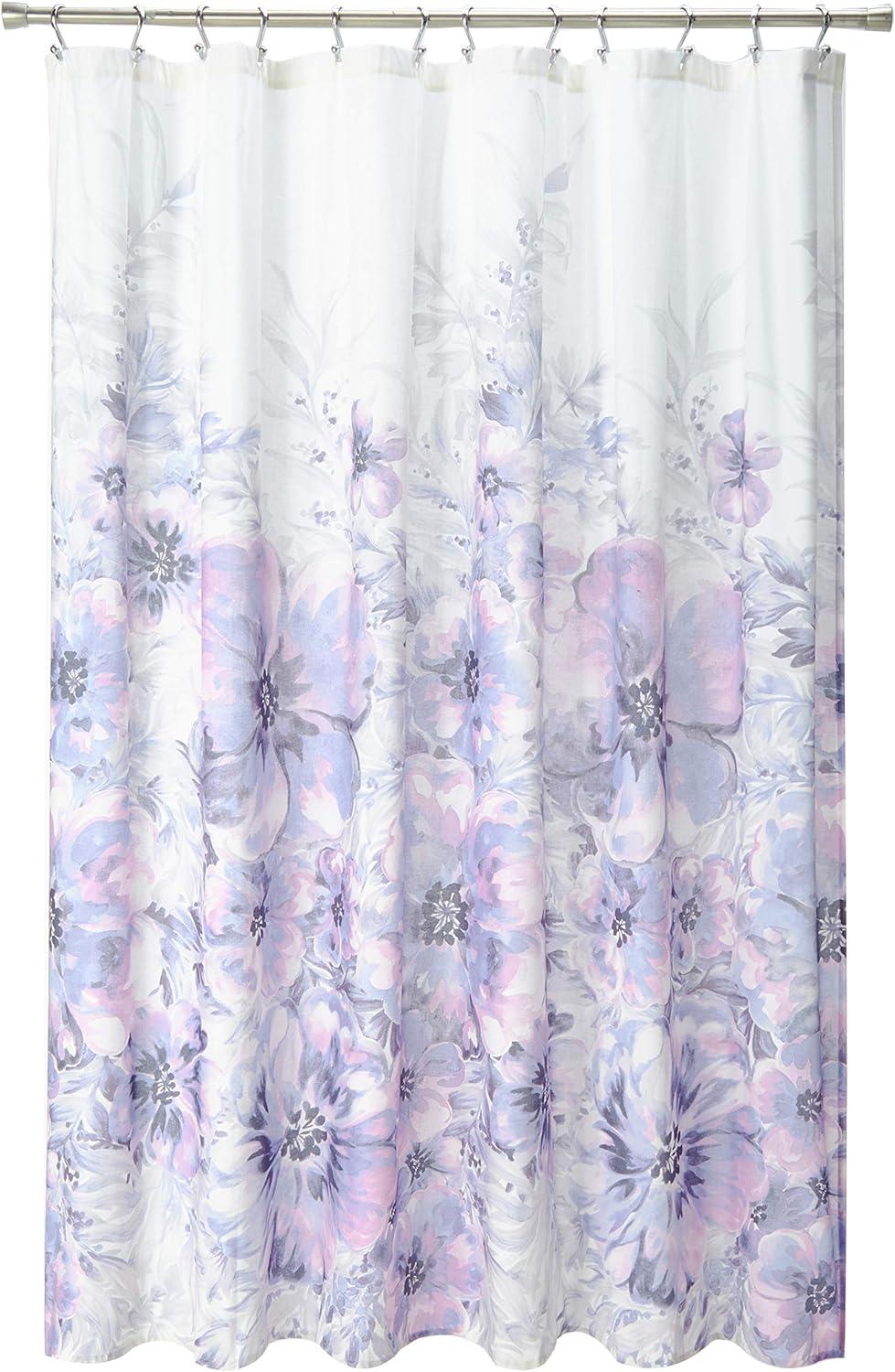 Purple Floral Cotton Shower Curtain with Watercolor Blooms