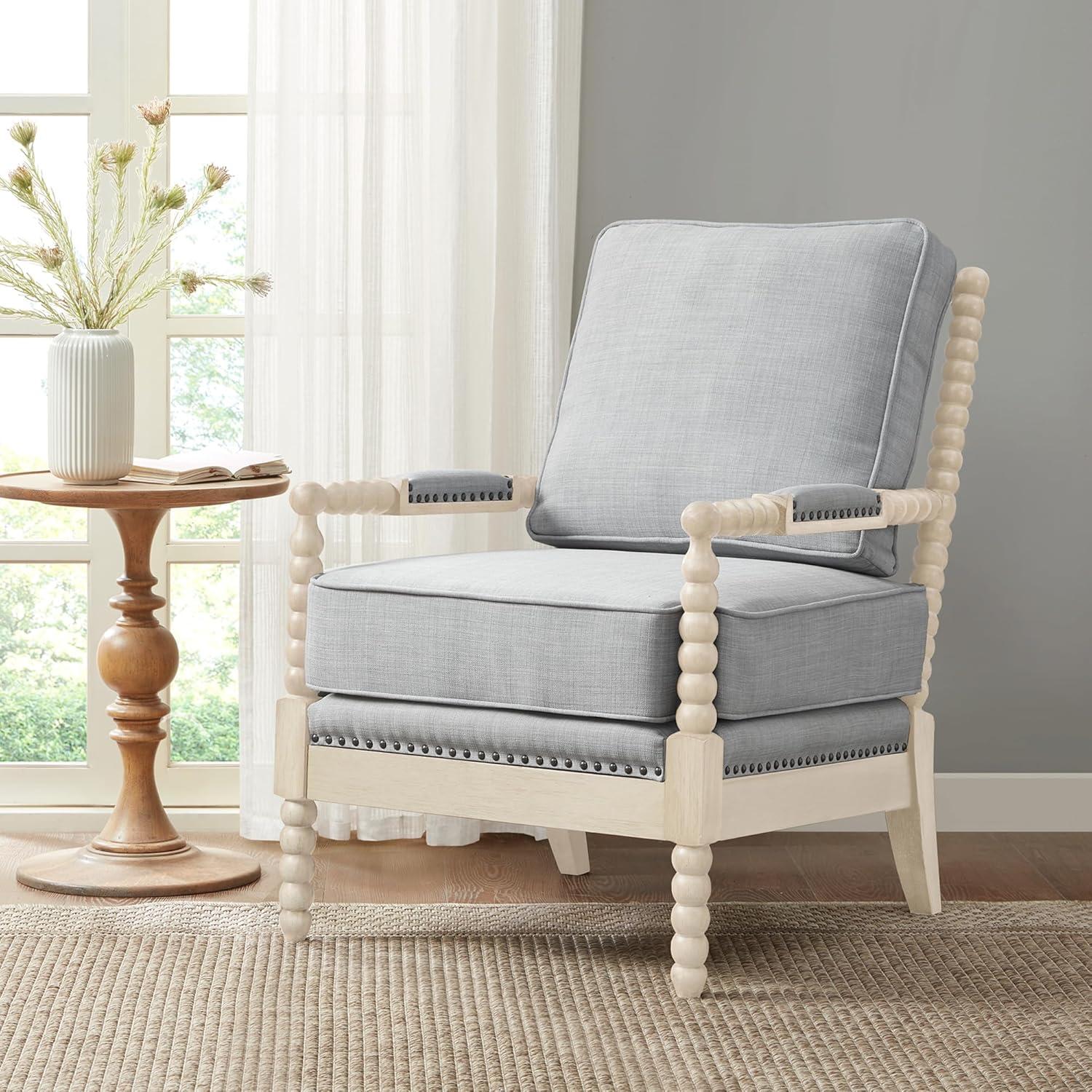 Madison Park Donohue Traditional Fabric/Wood Accent Arm Chair in Blue/Cream