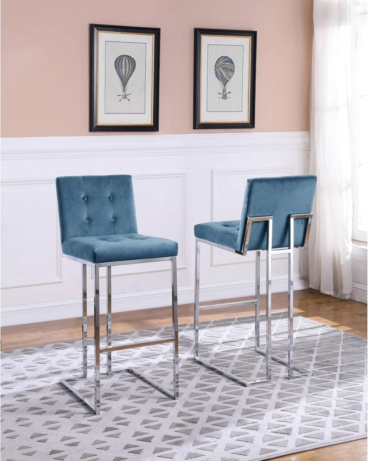 Barstools with Tufted Seats in Teal Blue Velvet and Chrome Legs (Set of 2)