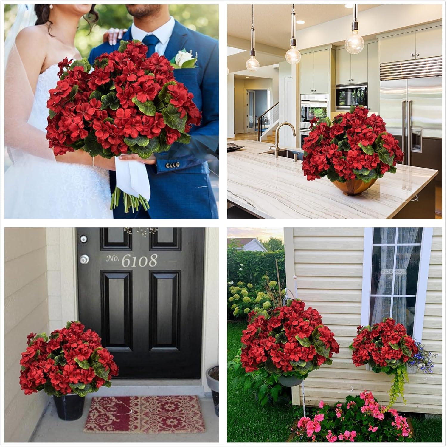 Pack of 4 - Artificial Geraniums Bundles Full Blooms Silk Flower Plants Geranium Bush Red Color for Home Garden Wedding Indoor Outdoor Decor (Red - Pack of 4)