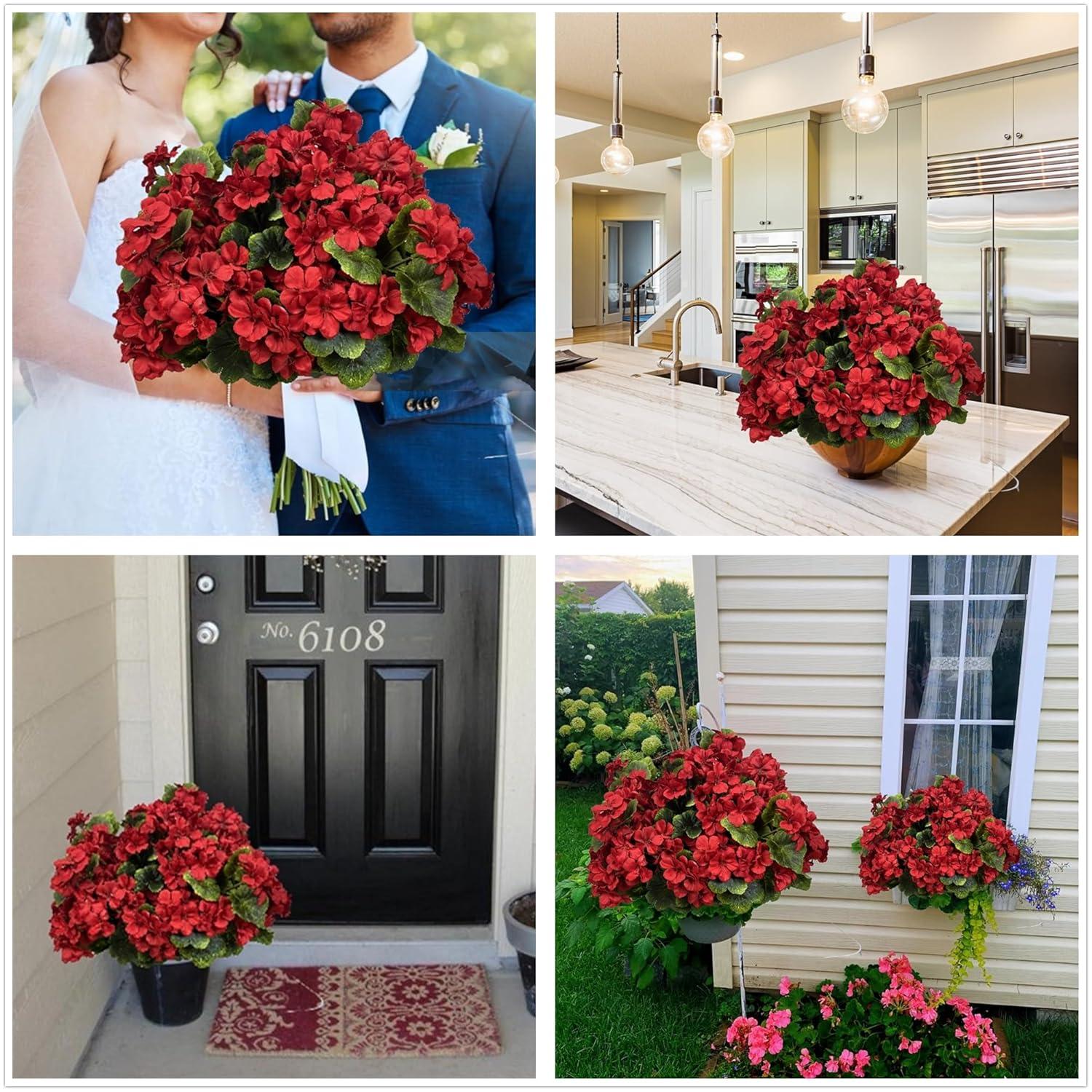 Pack of 4 - Artificial Geraniums Bundles Full Blooms Silk Flower Plants Geranium Bush Red Color for Home Garden Wedding Indoor Outdoor Decor (Red - Pack of 4)