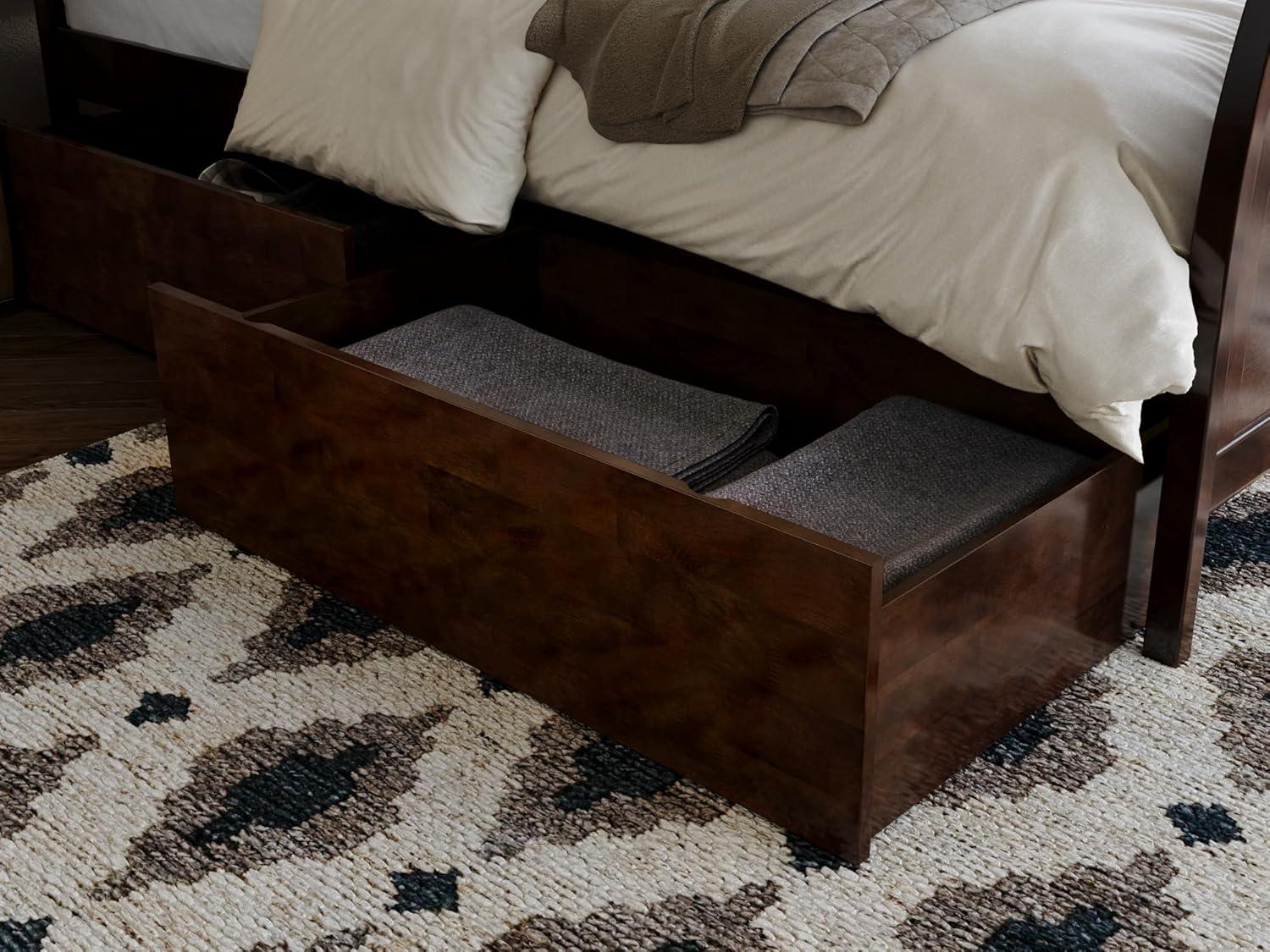 Walnut Twin XL Platform Bed with Sleigh Headboard and Storage Drawers