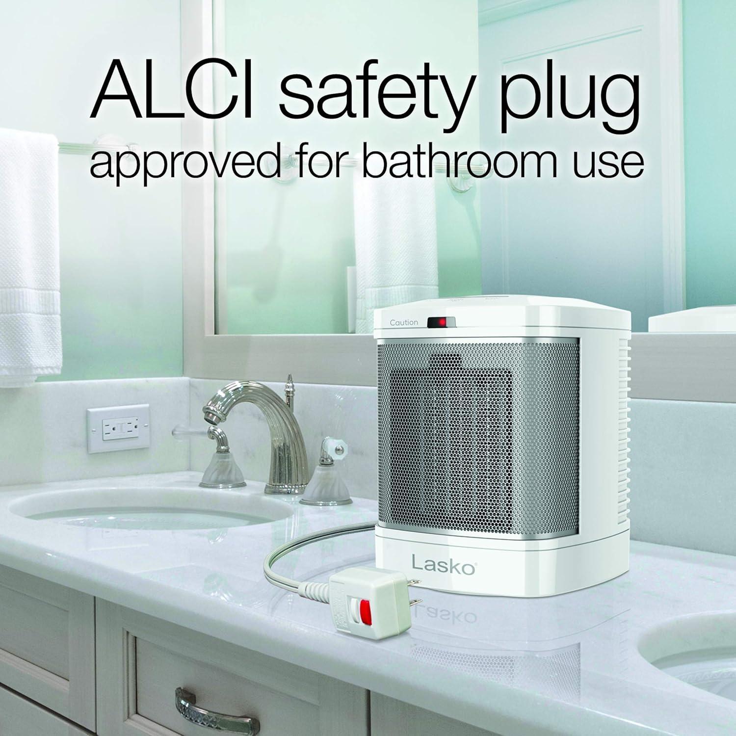 Lasko 8" 1500W Bathroom Space Heater with ALCI Safety Plug and Timer, White, CD08200, New