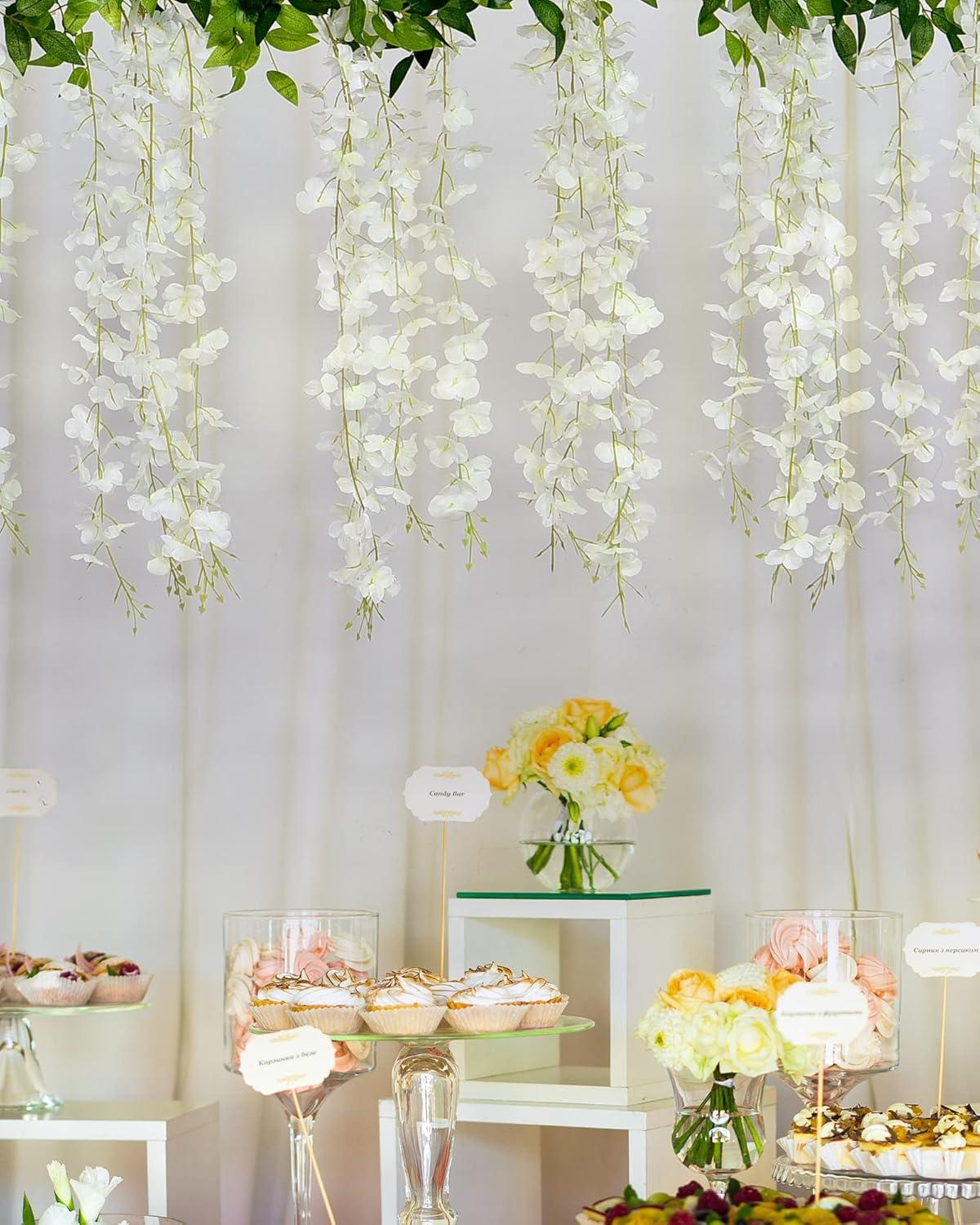 JACKYLED 40 Branches Wisteria Hanging Flowers 6 Feet Artificial White Vine Silk Wisteria Flowers Garland for Wedding Arch Party Garden Home Decor (4 Packs)