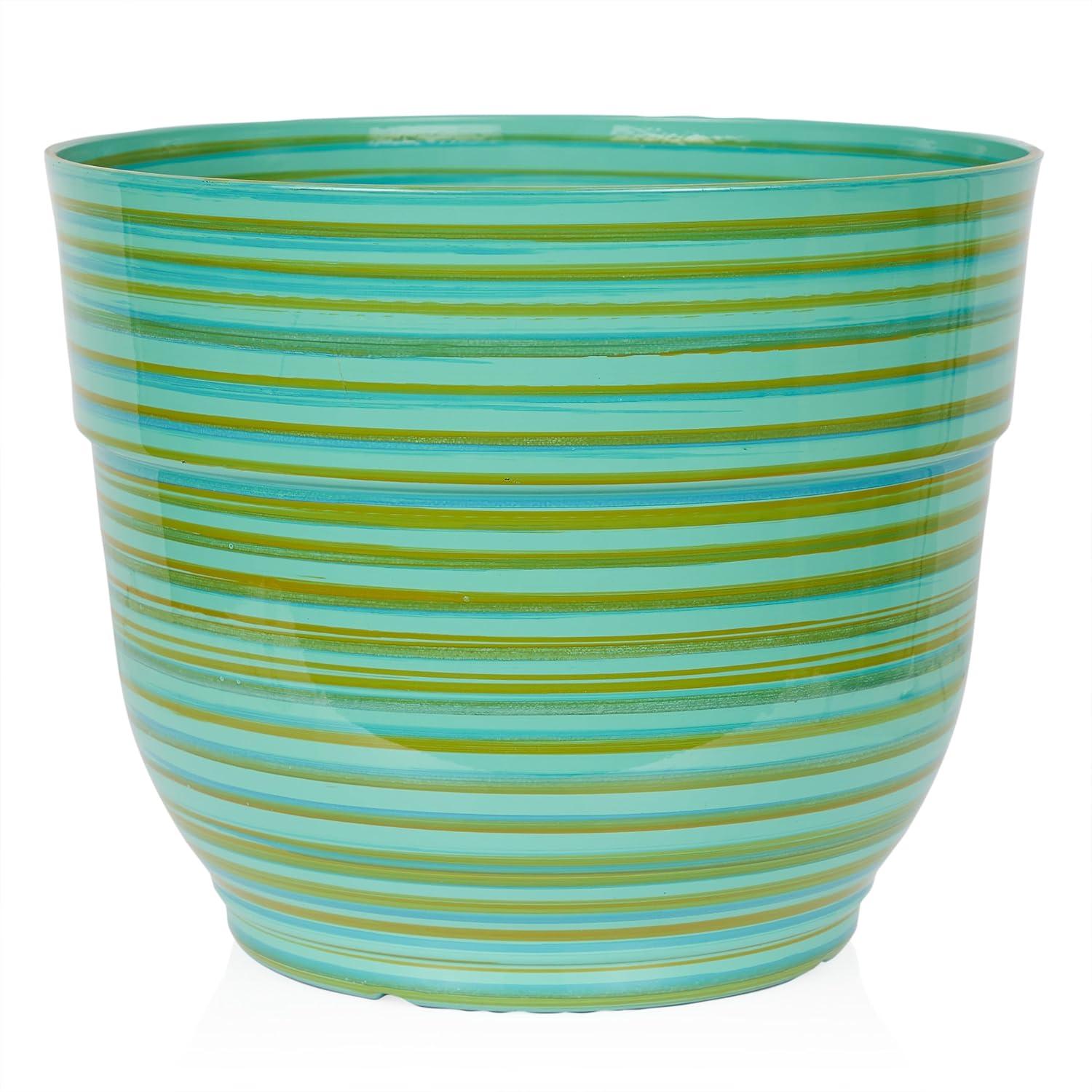 Alpine Corporation Glossy Striped Indoor Outdoor Planter with Drainage Hole Turquoise 13"x13"x11": Polypropylene, Freestanding