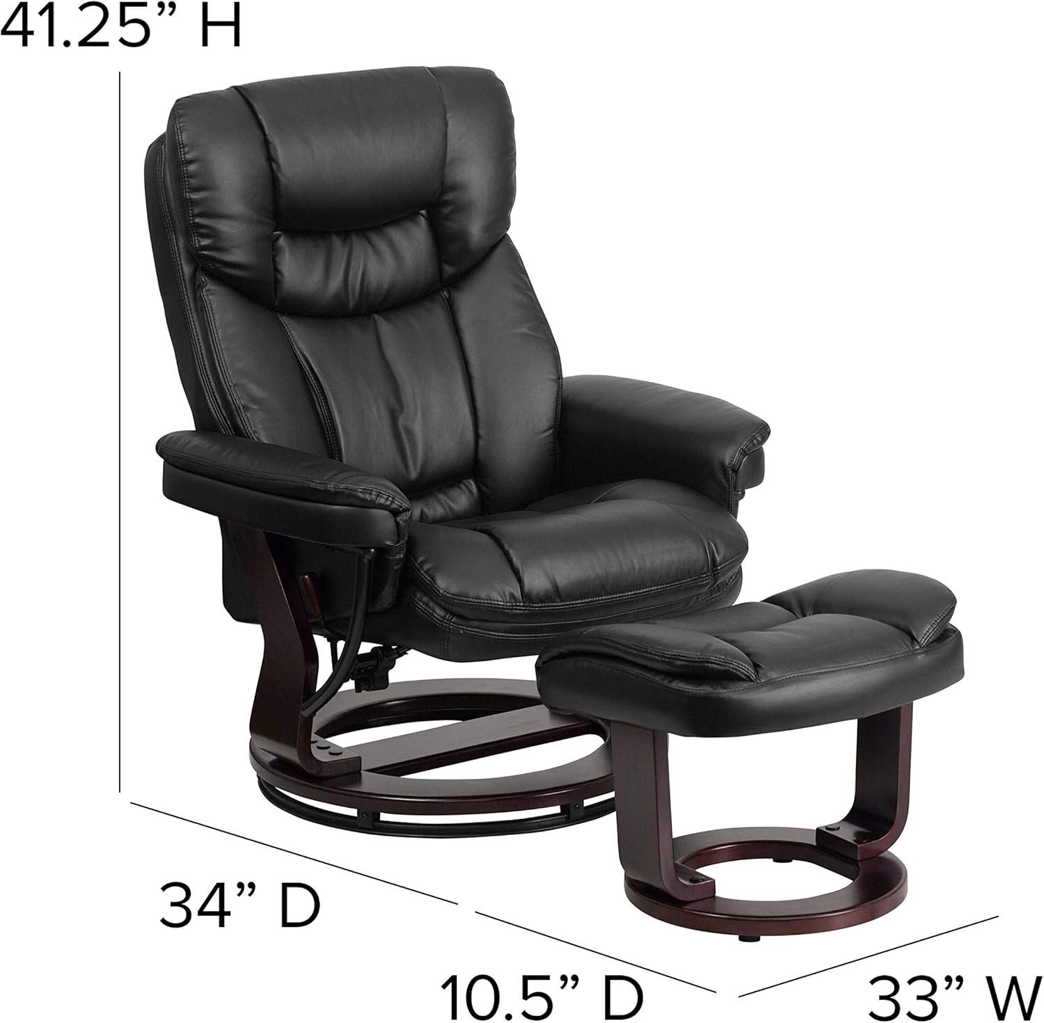 Flash Furniture Contemporary Multi-Position Recliner and Curved Ottoman with Swivel Mahogany Wood Base in Black LeatherSoft