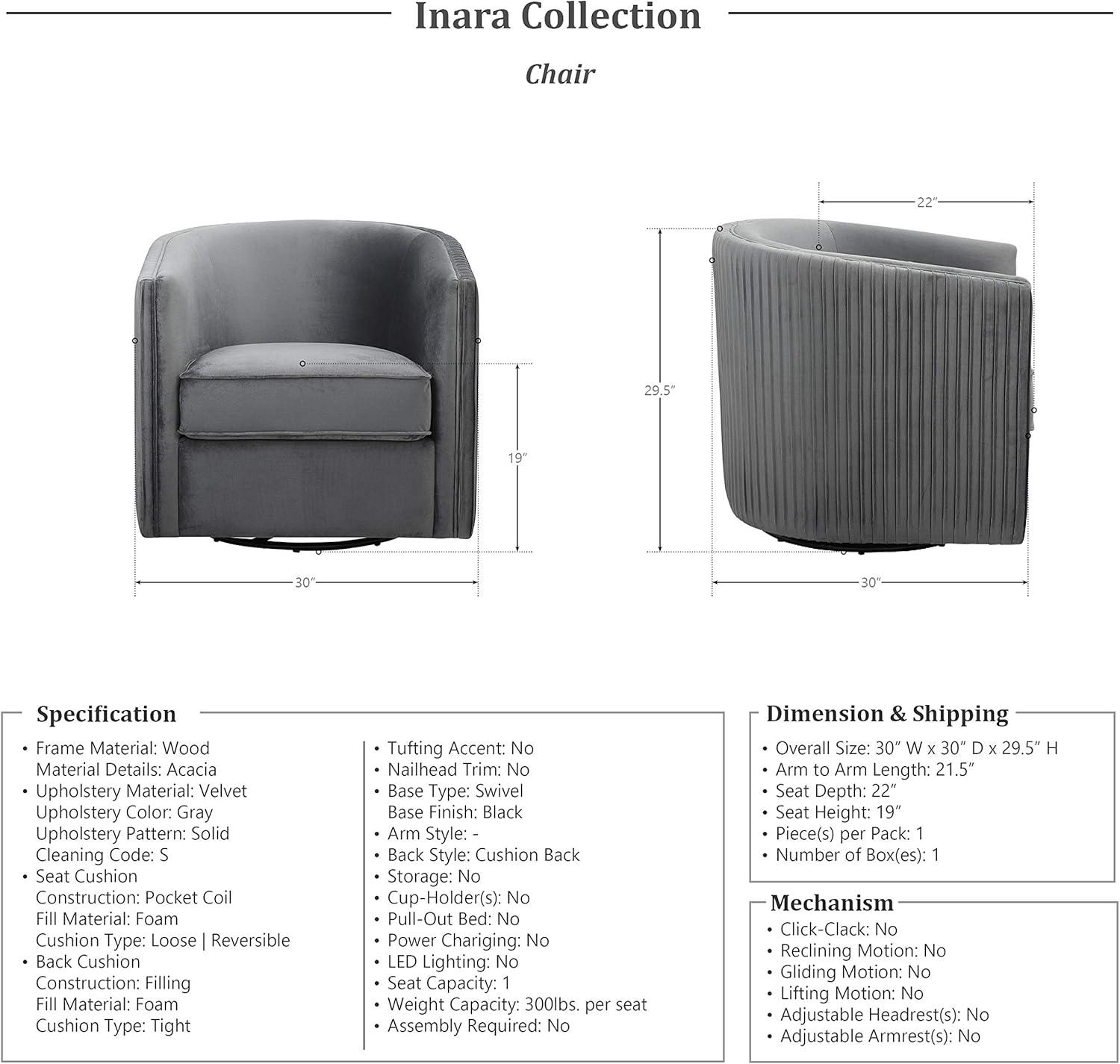 Gray Velvet Barrel Swivel Accent Chair with Metal Frame