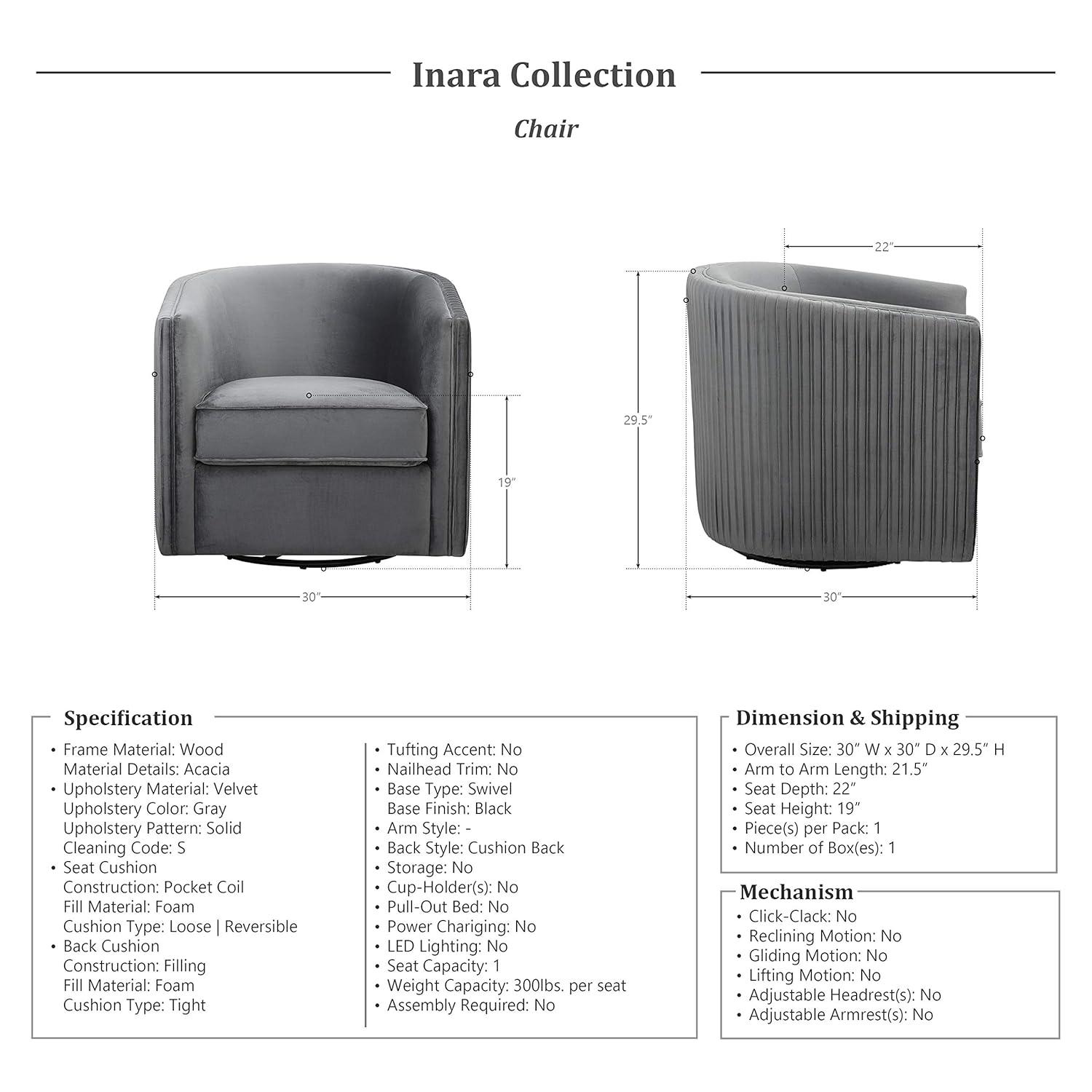 Gray Velvet Barrel Swivel Accent Chair with Metal Frame