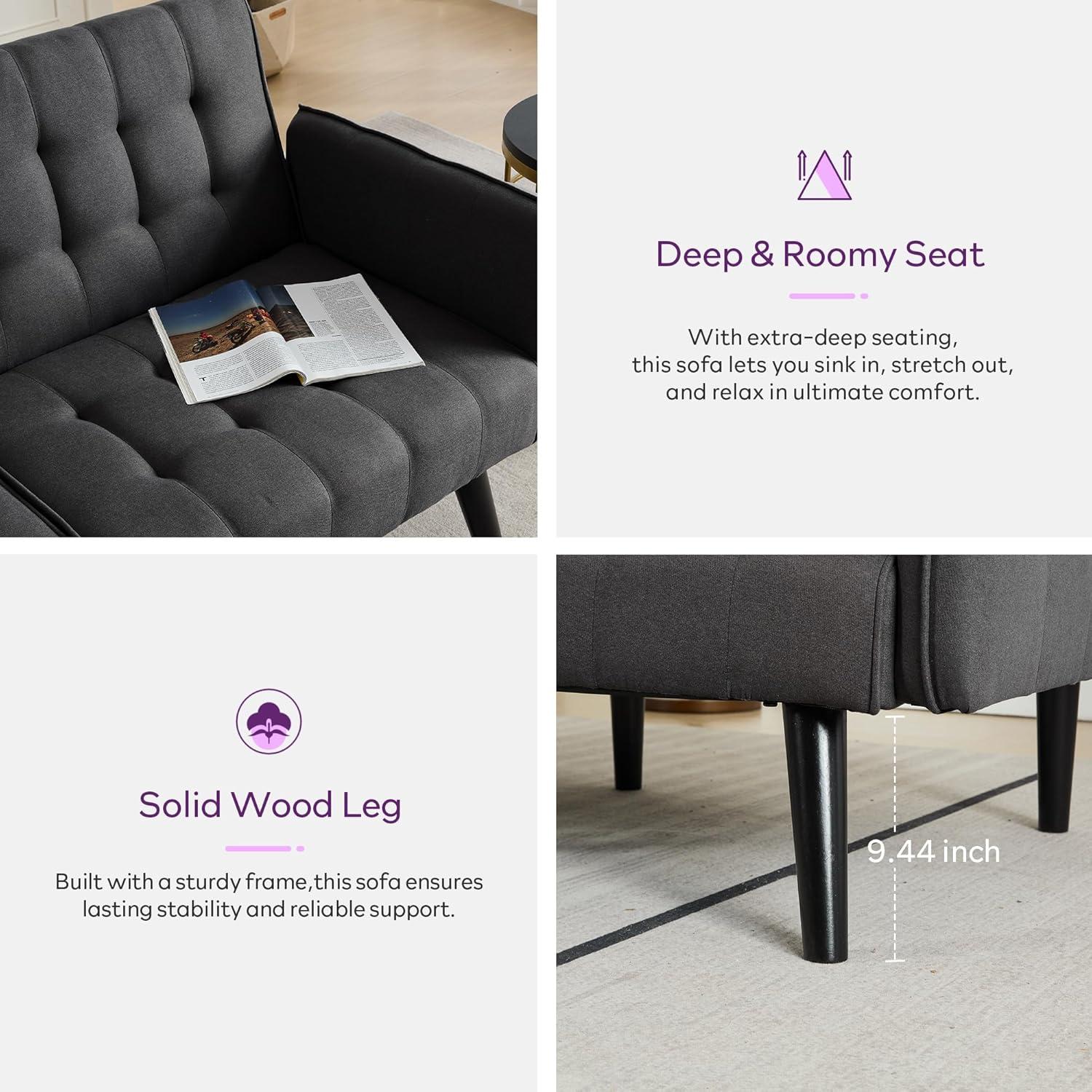 TYBOATLE 65“ Convertible Futon Sofa Bed w/ 2 USB, Upholstered Tufted Small Adjustable Folding Couch Loveseat, Modern Mid Century Sleeper Sofa for Living Room, Bedroom, Apartment, Office (Dark Grey)