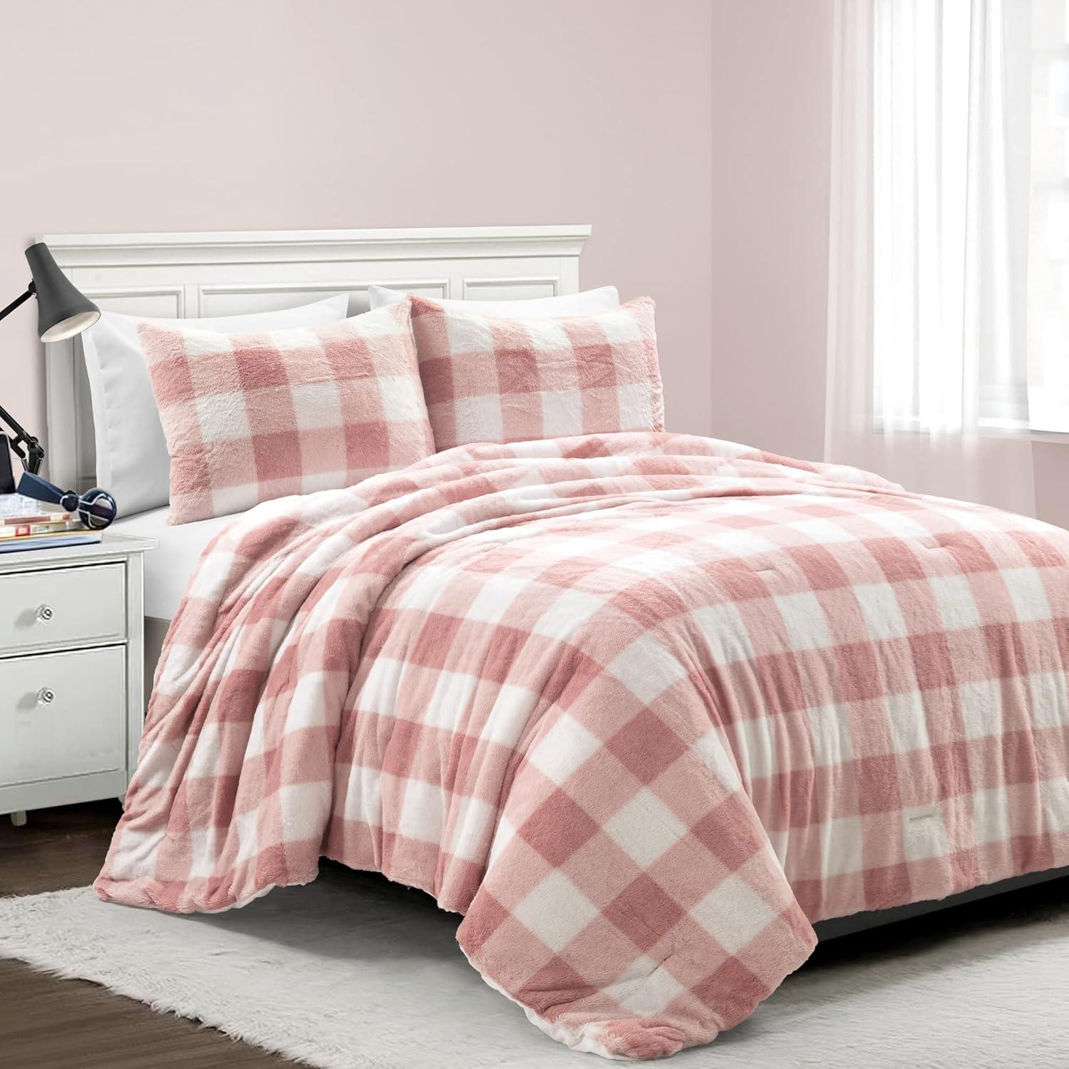 Blush Plaid Faux Fur Twin Comforter Set