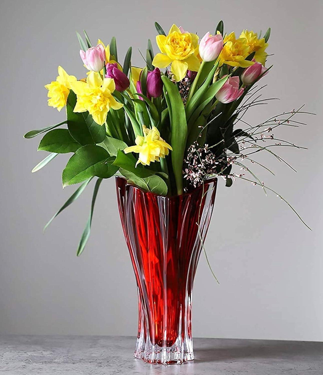 Czech Bohemian Crystal Glass Vase 12''-Height Red ''Plantica'' European Design Elegant Centerpiece Flower Vase Home Decor Wedding Birthday Housewarming Anniversaries