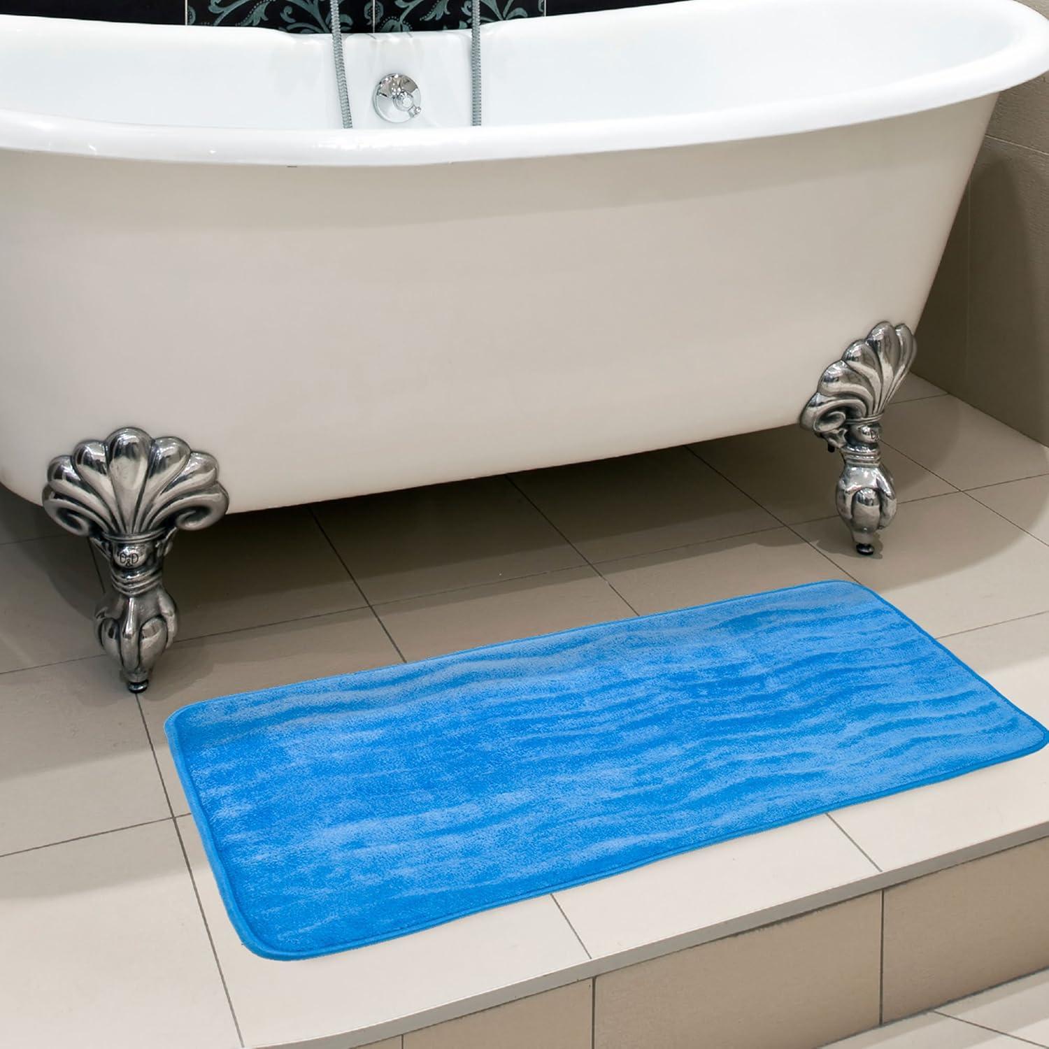 Microfiber Memory Foam Bathmat ? Oversized Padded Nonslip Accent Rug for Bathroom, Kitchen, Laundry Room, Wave Pattern by Lavish Home (Blue)
