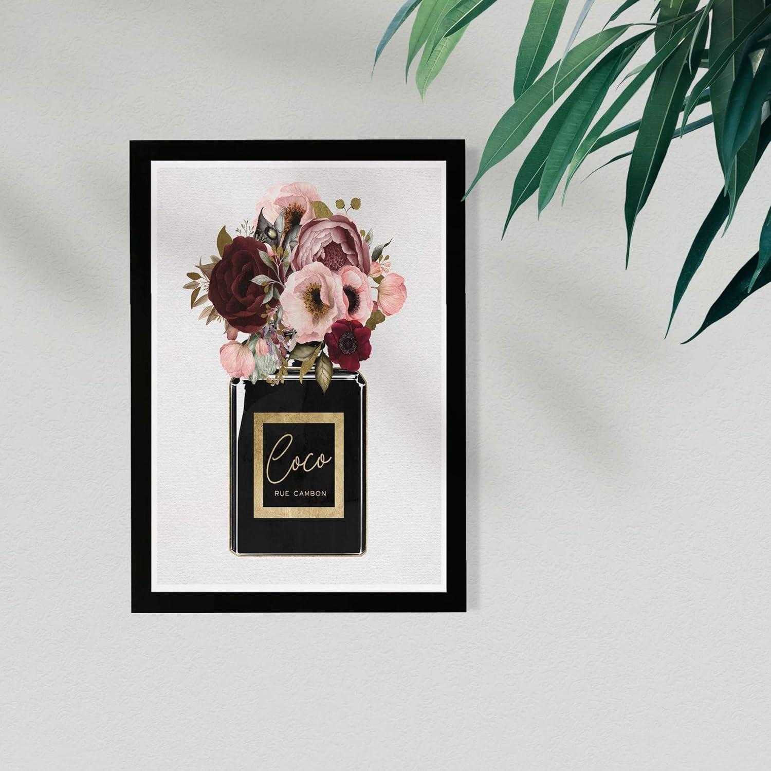 Wynwood Studio Fashion and Glam Framed Wall Art Prints 'Blush Floral Perfume' Perfumes Home Decor - Black, Pink, 13" x 19"