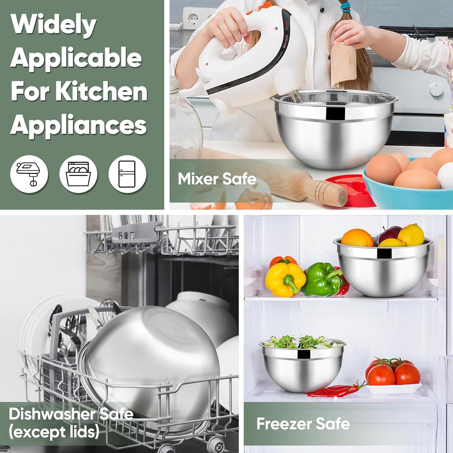 Toledo Bath & Kitchen Stainless Steel Mixing Bowls With Lids, 5-Pack Metal Nesting Bowls With Airtight Covers For Cooking, Baking, Serving, Storage, Non-Toxic & Dishwasher Safe, Size 4.6/3/1.5/1/0.7QT - Khaki