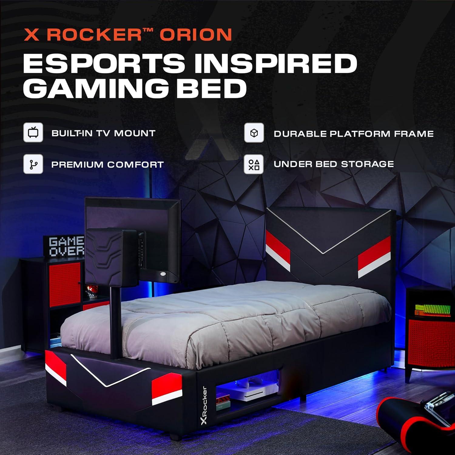 X Rocker Orion eSports Gaming Bed Frame with TV Mount, Child/Teen, Black/Red, Twin, 42.5" H
