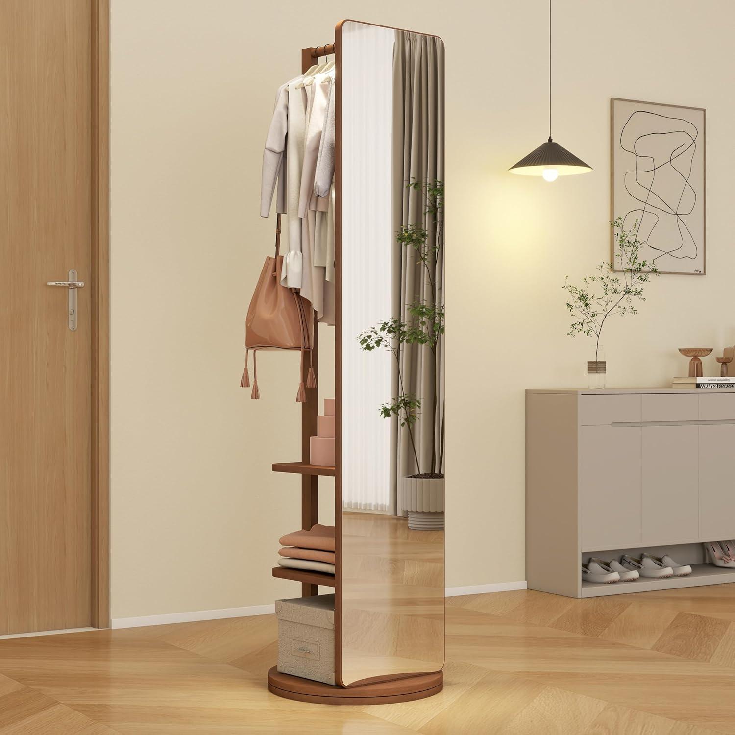 Full Length Mirror with Stand, 360°Swivel Full Body Mirror with Cloak Rack, Modern Standing Mirror for Bedroom Living Room Entryway 65.7" Walnut