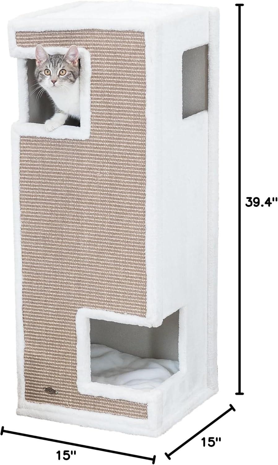 TRIXIE Gerardo Plush & Sisal 3-Story 39.4" Cat Condo Tower with Removable Cushions, Brown-White