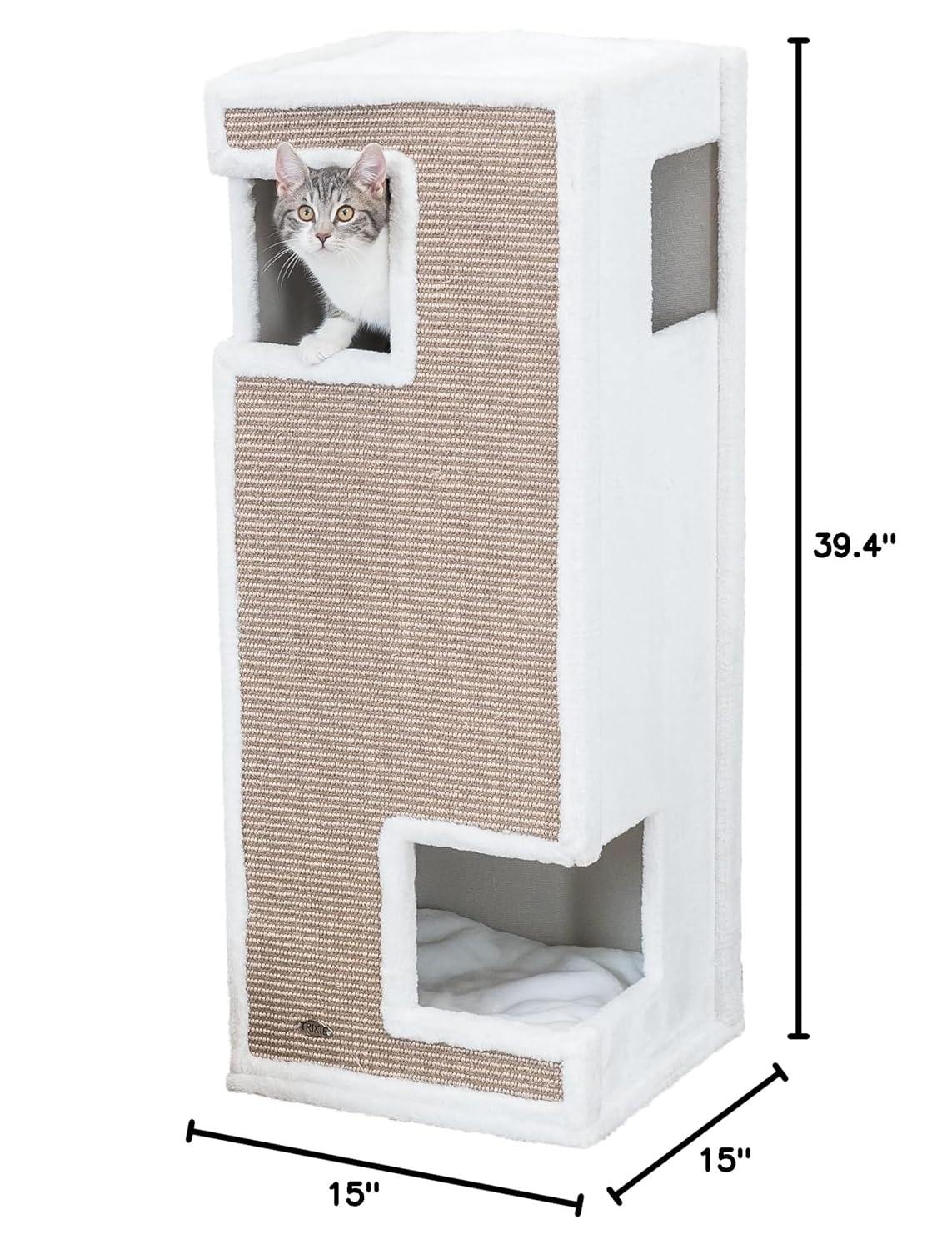 TRIXIE Gerardo Plush & Sisal 3-Story 39.4" Cat Condo Tower with Removable Cushions, Brown-White